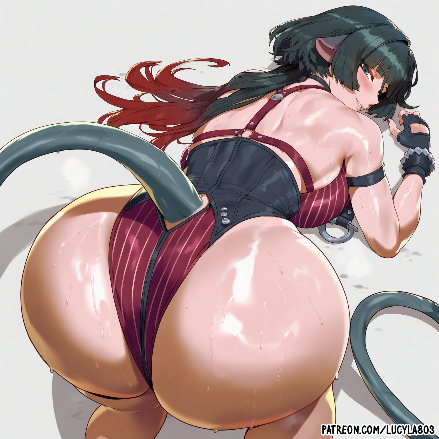 1girls, ai generated, ass, breasts, female, female focus, female only, jane doe (nocturne of light) (zenless zone zero), jane doe (zenless zone zero), large ass, large breasts, light skin, light-skinned female, looking at viewer, looking back, lucyla, official alternate costume, one-piece swimsuit, solo, swimsuit, thick thighs, thighs, wide hips, zenless zone zero