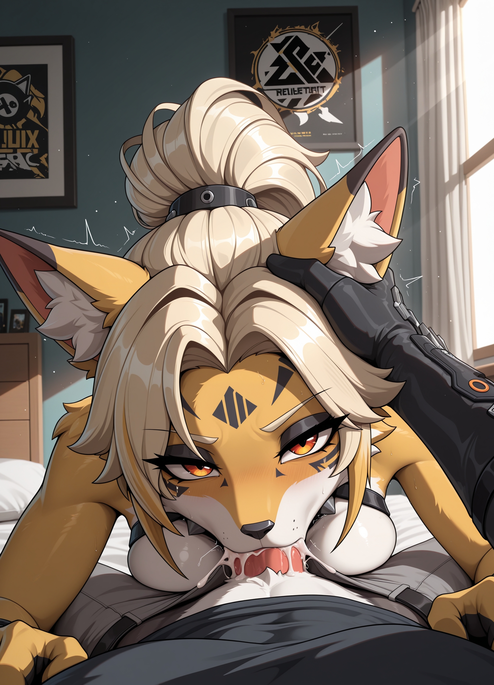 1boy, ai generated, anthro, anthro on anthro, anthro only, anthro penetrating, bed, bedroom, breasts, cum, deepthroat, duo, ejaculation, erection, eye contact, fellatio, female, female focus, female penetrated, furry, furry female, furry male, furry only, highres, liwih, looking at viewer, nipples, nude, penis, pov, pov eye contact, pulchra fellini, saliva, sex, uncensored, zenless zone zero