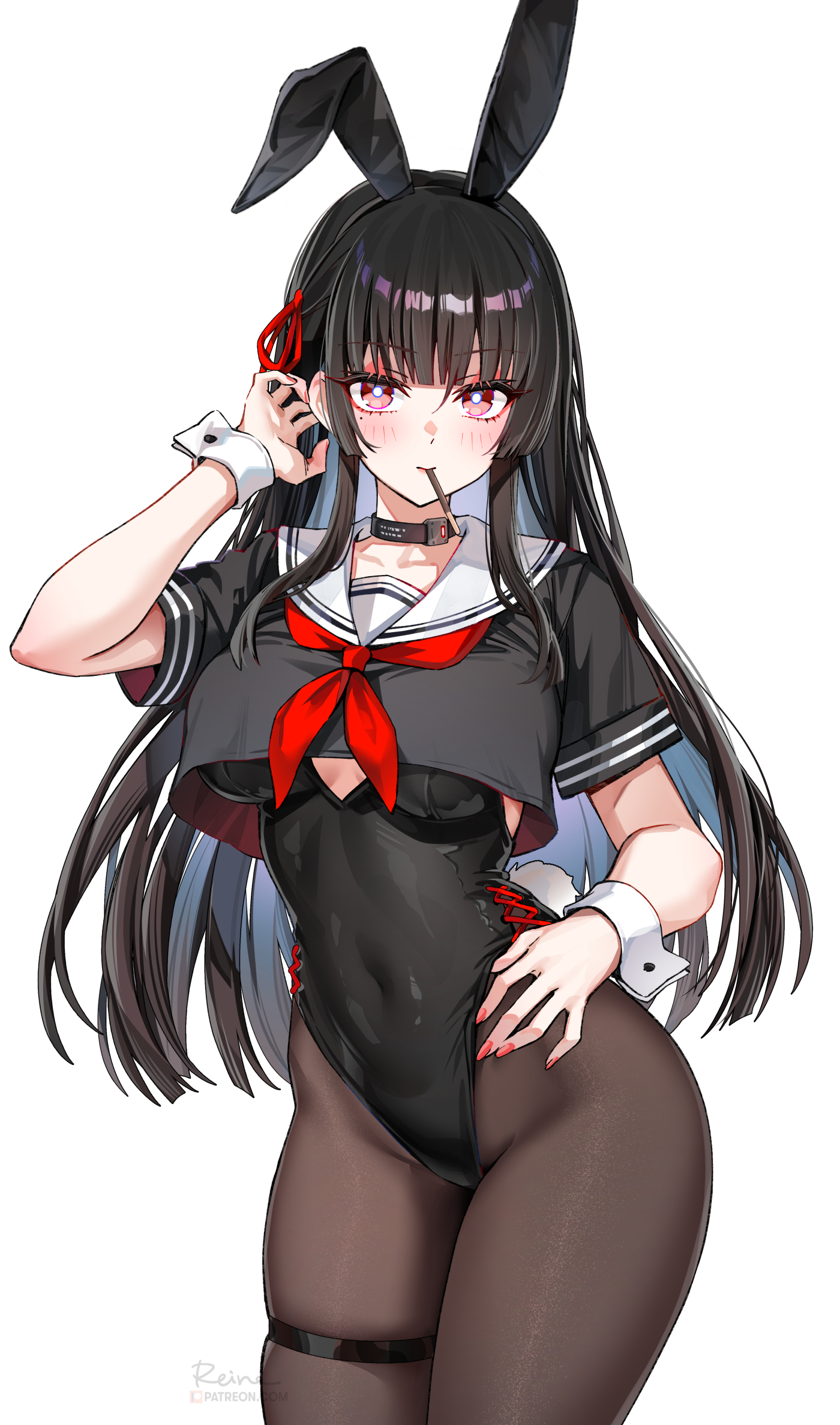 adapted costume, animal ear hairband, animal ears, black choker, black hair, black leotard, black pantyhose, black shirt, breasts, bright pupils, chisa (wuthering waves), choker, commentary, covered navel, cowboy shot, crop top, fake animal ears, female, fingernails, food, food in mouth, foxyreine, hair ribbon, hairband, highleg, highleg leotard, highres, large breasts, leotard, long hair, looking at viewer, mole, mole under eye, neckerchief, pantyhose, pocky, pocky in mouth, rabbit ear hairband, rabbit ears, red eyes, red neckerchief, red ribbon, ribbon, sailor collar, shirt, short sleeves, simple background, solo, thigh strap, white background, white pupils, white sailor collar, wuthering waves