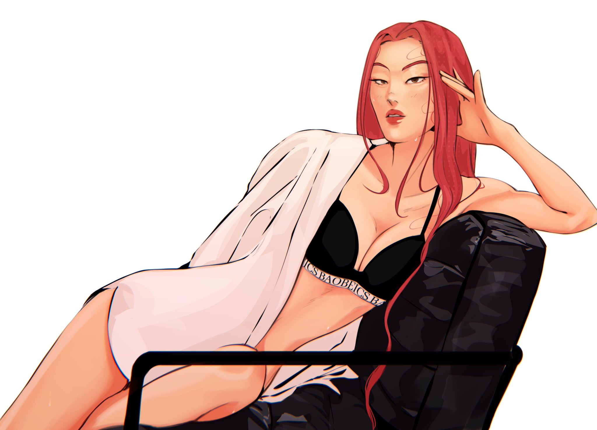 asian, asian female, baobeics, bra, chair, cleavage, female, korean, korean female, kpop demon hunters, looking at viewer, mira (kpop demon hunters), on chair, open shirt, red hair, sexy, sexy pose