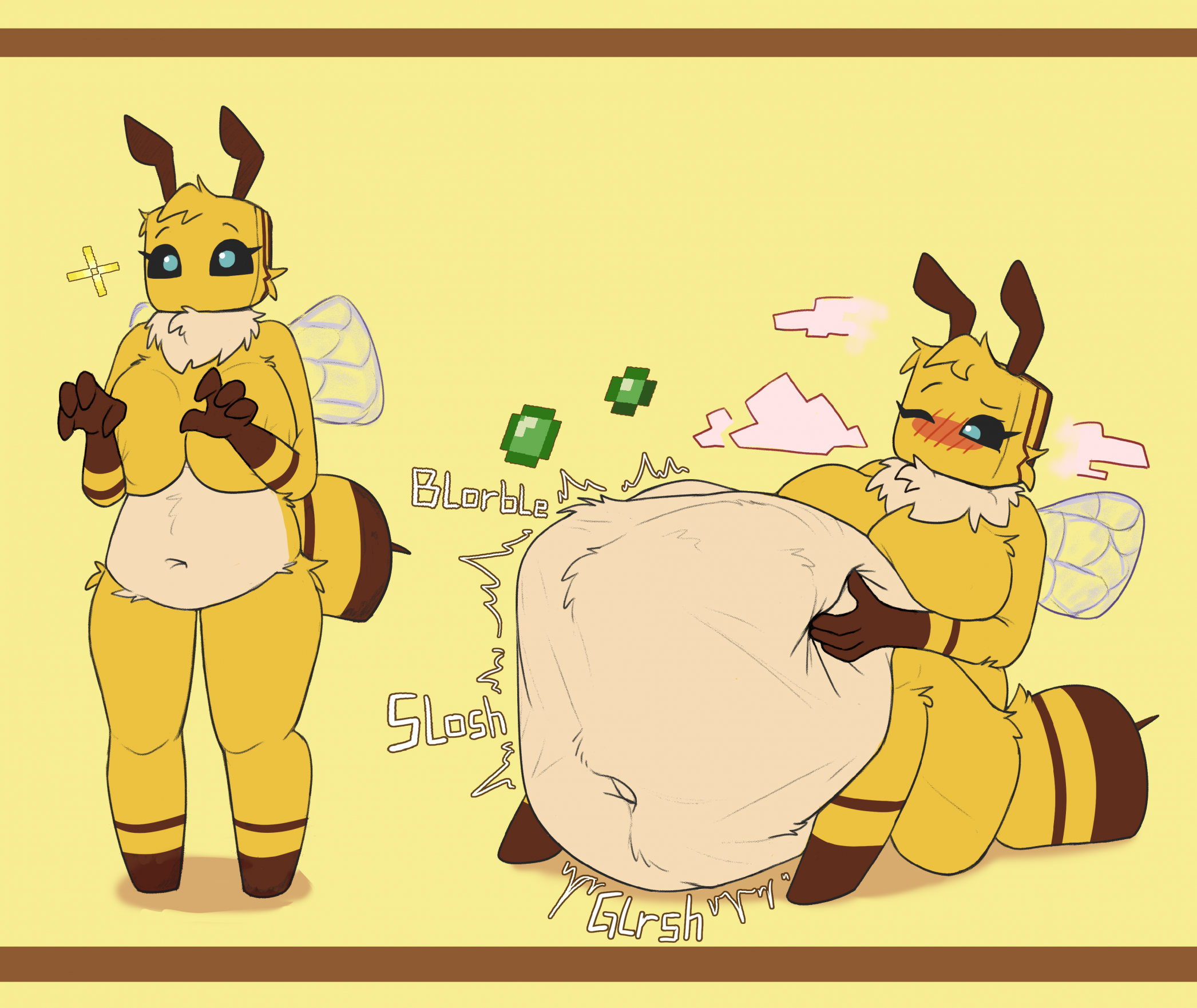 accadurosoce, anthro, bee, bee (minecraft), bee girl, breasts, female, female pred, furry, hyper, hyper belly, insects, larger female, microsoft, minecraft, vore, vore belly