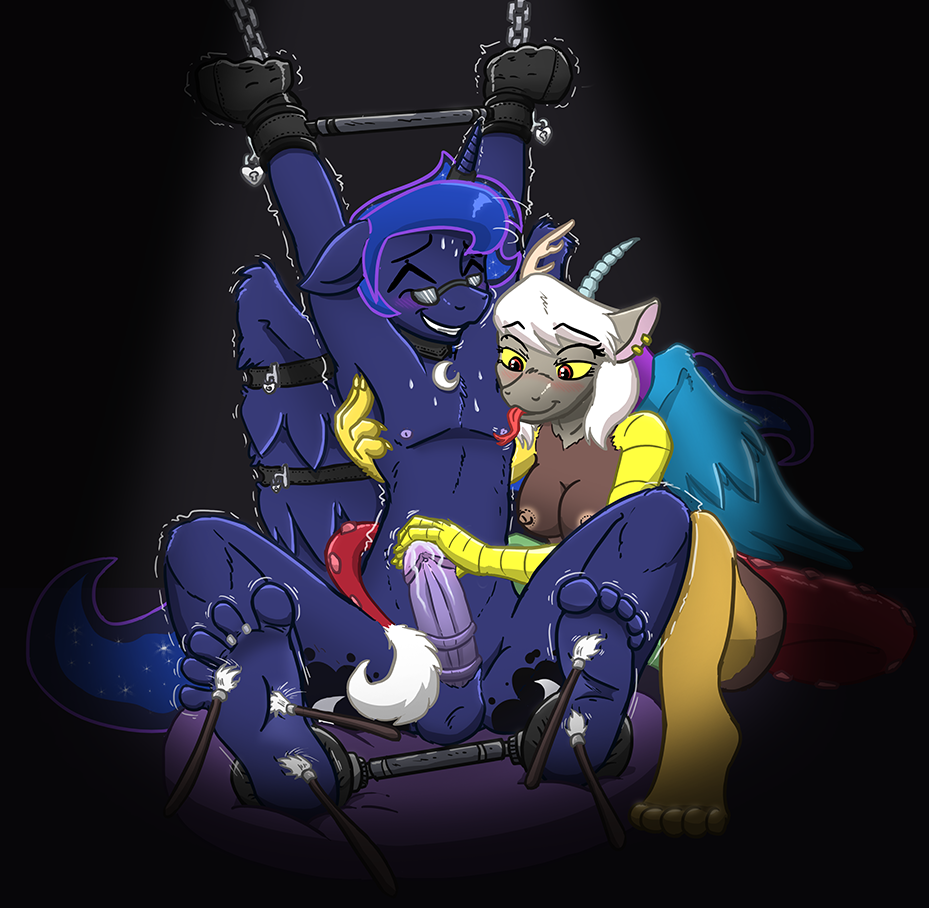 2014 alicorn anthro anthrofied antlers areola balls blush bondage bound breasts brush caroo collar cutie_mark discord_(mlp) equine erection eyewear female forked_tongue friendship_is_magic glasses hasbro heart horn licking male mammal my_little_pony nipples penis piercing precum prince_artemis_(mlp) princess_luna_(mlp) rule_63 straight straight_hair sweat tickle_fetish tickling tongue tongue_out wings