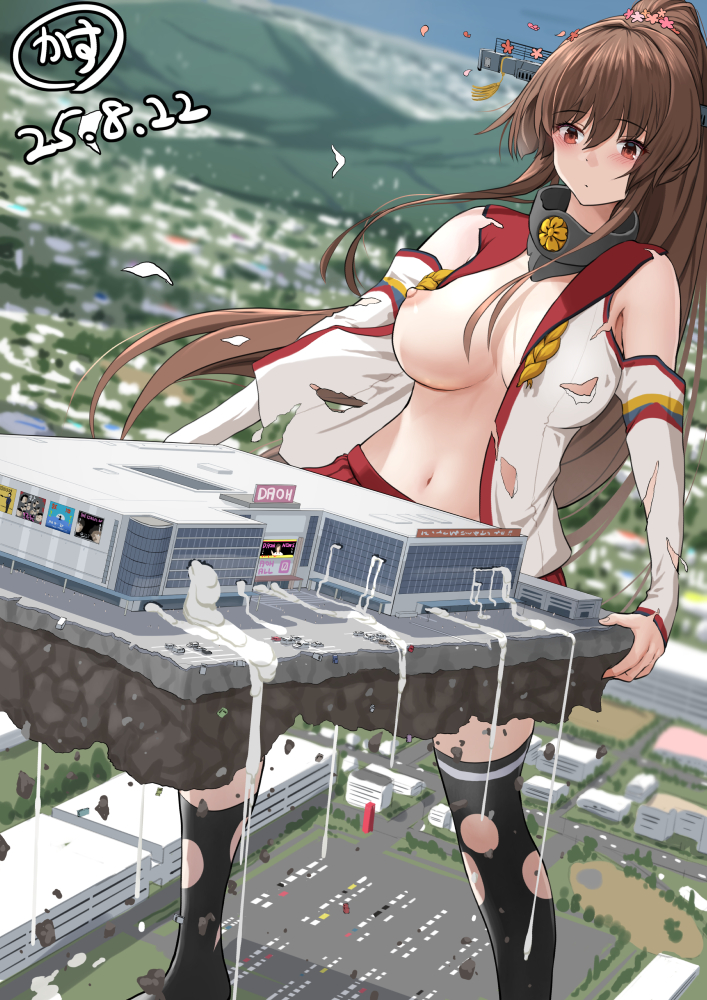 1futa, big breasts, breast out, breasts, brown hair, city, clothing, cum, cum flood, destruction, futa giantess, futa only, futanari, giantess, kantai collection, kasunohikari, light skin, light-skinned futa, long hair, macro, yamato (kantai collection)