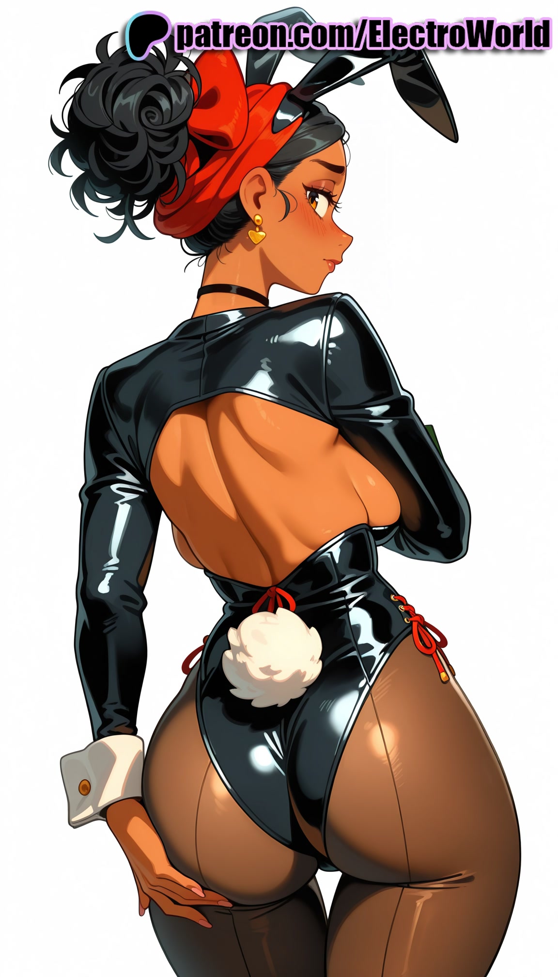 1girls, 2025, ai generated, animal ears, artist name, ass, black hair, blush, breasts, bust, chest, dark skin, dark-skinned female, disney, dolores madrigal, earrings, electroworld, encanto, fake animal ears, fake tail, female, from behind, hi res, high quality, high resolution, highres, jewelry, leotard, looking back, patreon, patreon username, playboy bunny, rabbit ears, rabbit tail, solo, stable diffusion, tail, watermark