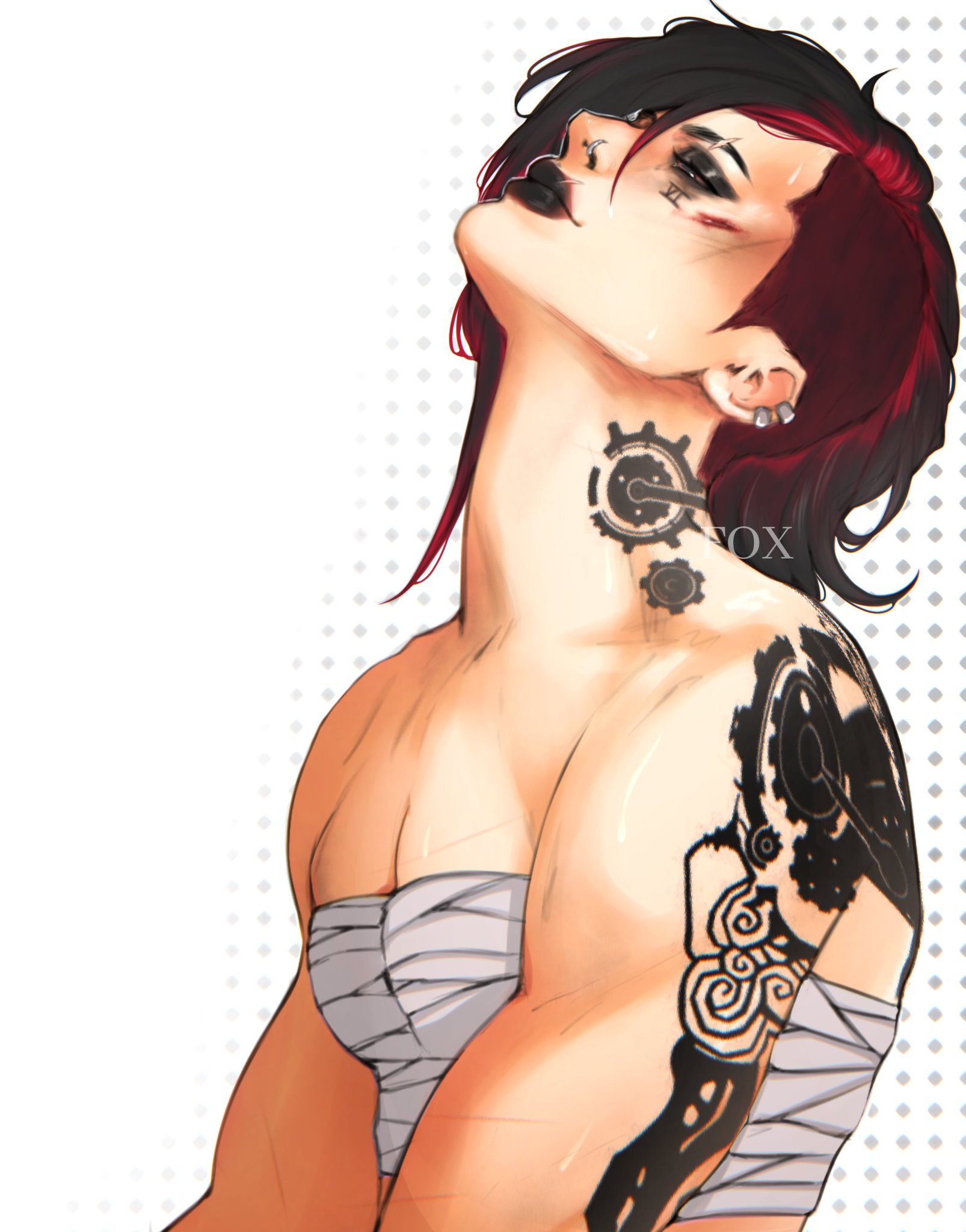 arcane, arcane brawler vi, arcane vi, bandaged chest, bandages around breasts, baobeics, black eyeshadow, black hair, black lipstick, blood on face, bound breasts, cheek scar, ear piercing, eyebrow scar, eyeshadow, face tattoo, female, female only, injury, league of legends, lip scar, looking up, muscles, muscular, muscular female, neck tattoo, nose piercing, red hair, scar, scar on face, sketch, small breasts, solo, solo female, tattoo, tattoo on neck, tattooed arm, tattoos, vi