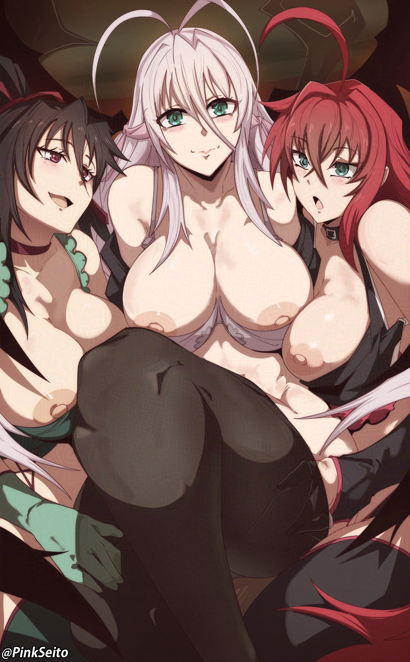 3girls, adversarial noise, ahoge, akeno himejima, antenna hair, artist name, belt collar, big breasts, black hair, black thighhighs, blue eyes, bra, bra pull, breasts, choker, clothes pull, collar, collarbone, commentary, crossed bangs, demon wings, english commentary, female, female only, fff threesome, green eyes, grey hair, hair between eyes, hair ribbon, hair up, hand in thighhighs, high ponytail, high school dxd, highres, himejima akeno, huge ahoge, large breasts, lesbian threesome, long hair, looking at viewer, multiple girls, nipple slip, nipples, orphen (pink seito), pinkseito, ponytail, purple eyes, red hair, rias gremory, ribbon, rossweisse, smile, thighhighs, twitter username, underwear, wings, yuri
