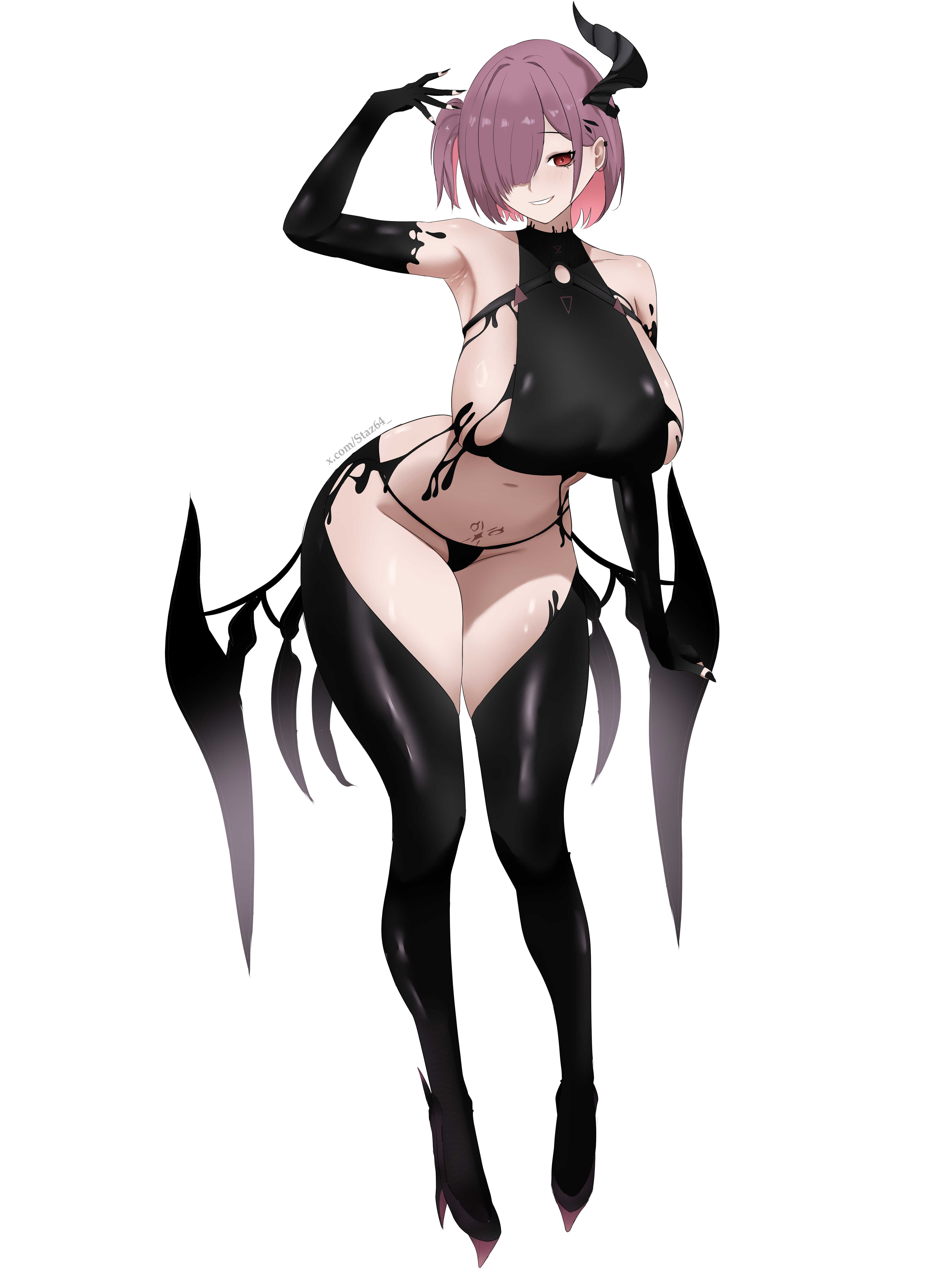 above-cleavage cutout, absurdres, arm up, armpits, bare shoulders, belt, bikini, black bikini, black boots, black gloves, black horns, black liquid, boots, breasts, chest belt, clothing cutout, collarbone, commentary, earclip, elbow gloves, english commentary, female, full body, gloves, goddess of victory: nikke, groin, hair between eyes, hair over one eye, highres, horns, large breasts, latex bikini, liquid clothes, looking at viewer, making-of available, navel, o-ring, o-ring belt, o-ring strap, one side up, pink hair, pubic tattoo, red eyes, sideboob, sidelocks, simple background, single horn, skindentation, smile, solo, standing, staz64, stomach, swimsuit, tattoo, thigh boots, twitter username, white background, ziz (nikke)