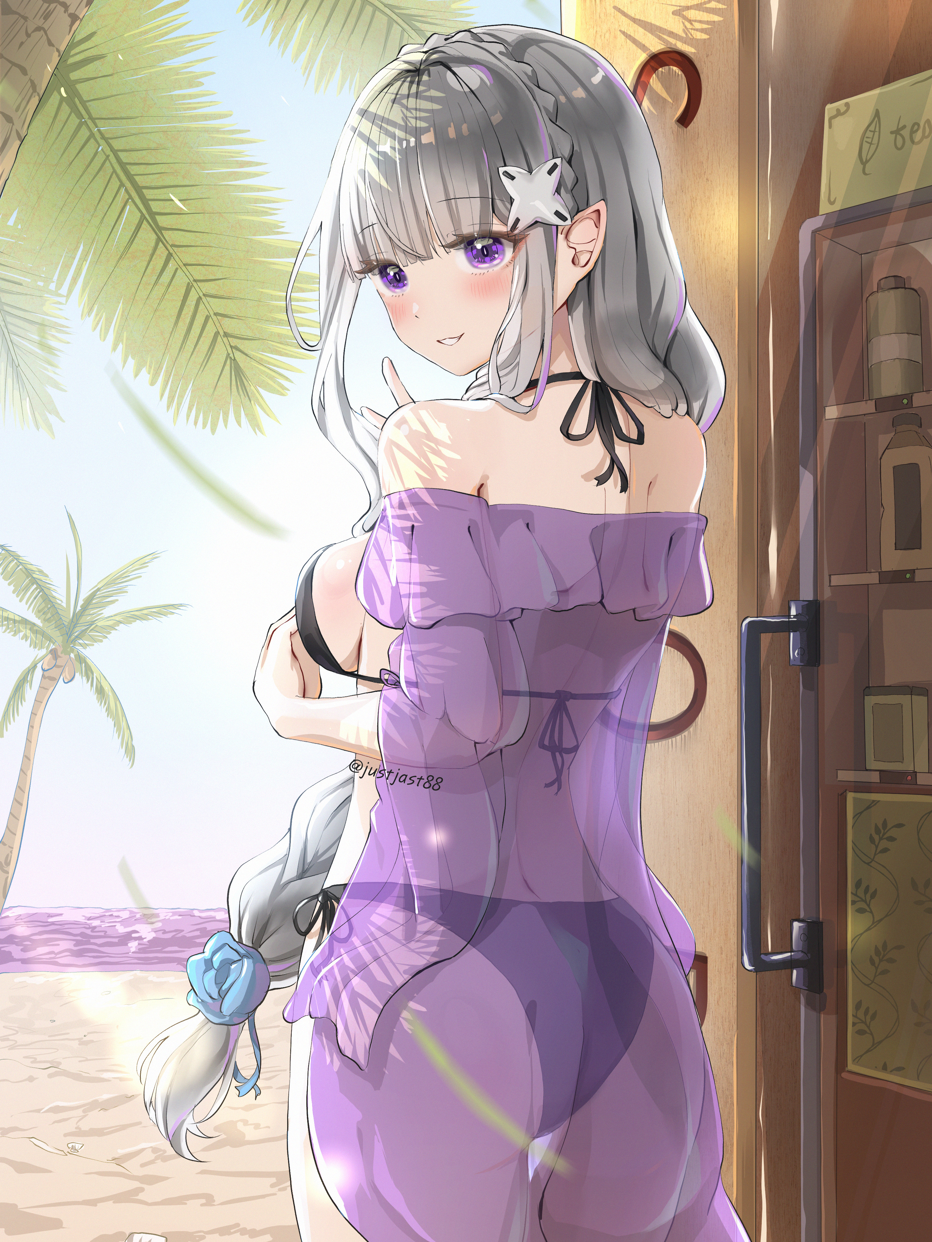 1girls, ass, back view, beach, bikini, boobs, breasts, elf, elf ears, elf female, emilia (re:zero), justjast88, looking back, purple eyes, re:zero kara hajimeru isekai seikatsu, sideboob, silver hair, solo, translucent clothing, transparent clothing
