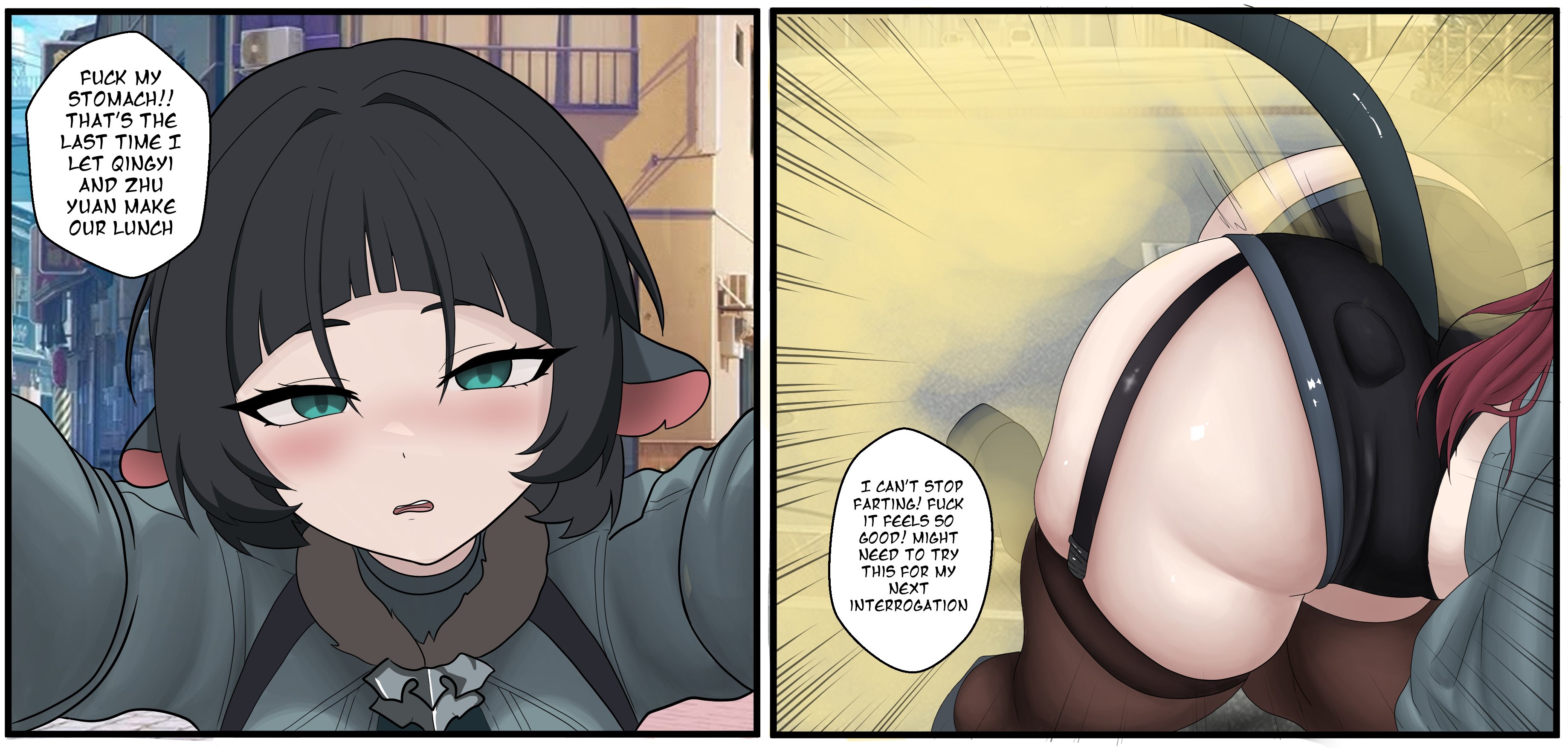 1girls, ass, big fart, butt, demihuman, dialogue, enjoying farting, fart, fart everywhere, fart fetish, female, female only, huge ass, jane doe (zenless zone zero), jun-, kemonomimi, rat ears, rat girl, smell, stinky fart, text, voluptuous, zenless zone zero