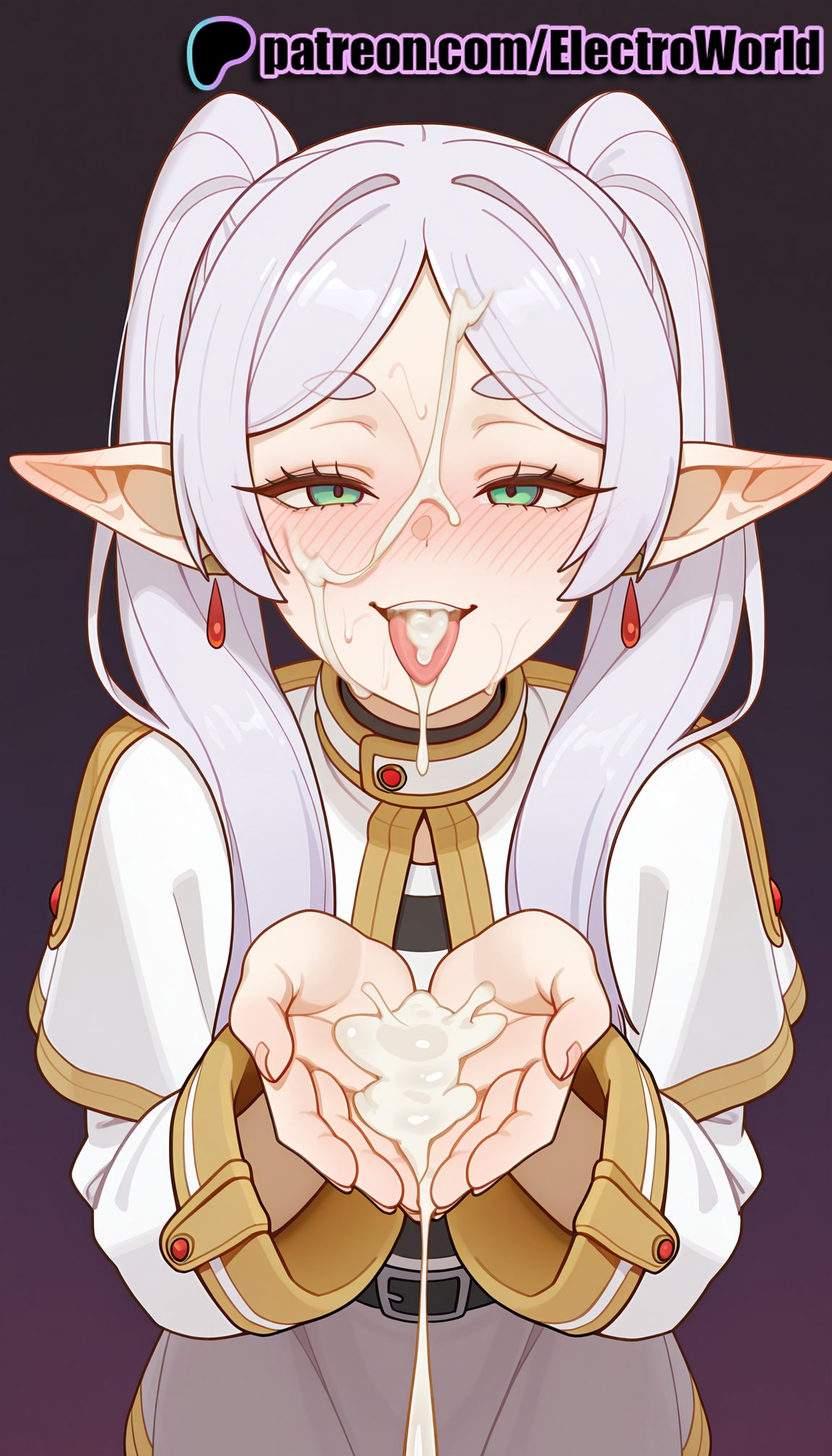 1girls, 2025, ai generated, artist name, blush, cum, cum in mouth, cum on body, cum on breasts, cum on clothes, cum on hair, cum on hands, cum on tongue, ear blush, earrings, electroworld, elf, facial, female, frieren, frieren beyond journey's end, green eyes, half-closed eyes, hi res, high quality, high resolution, highres, jewelry, long hair, nose blush, patreon, patreon username, pointy ears, solo, sousou no frieren, stable diffusion, watermark