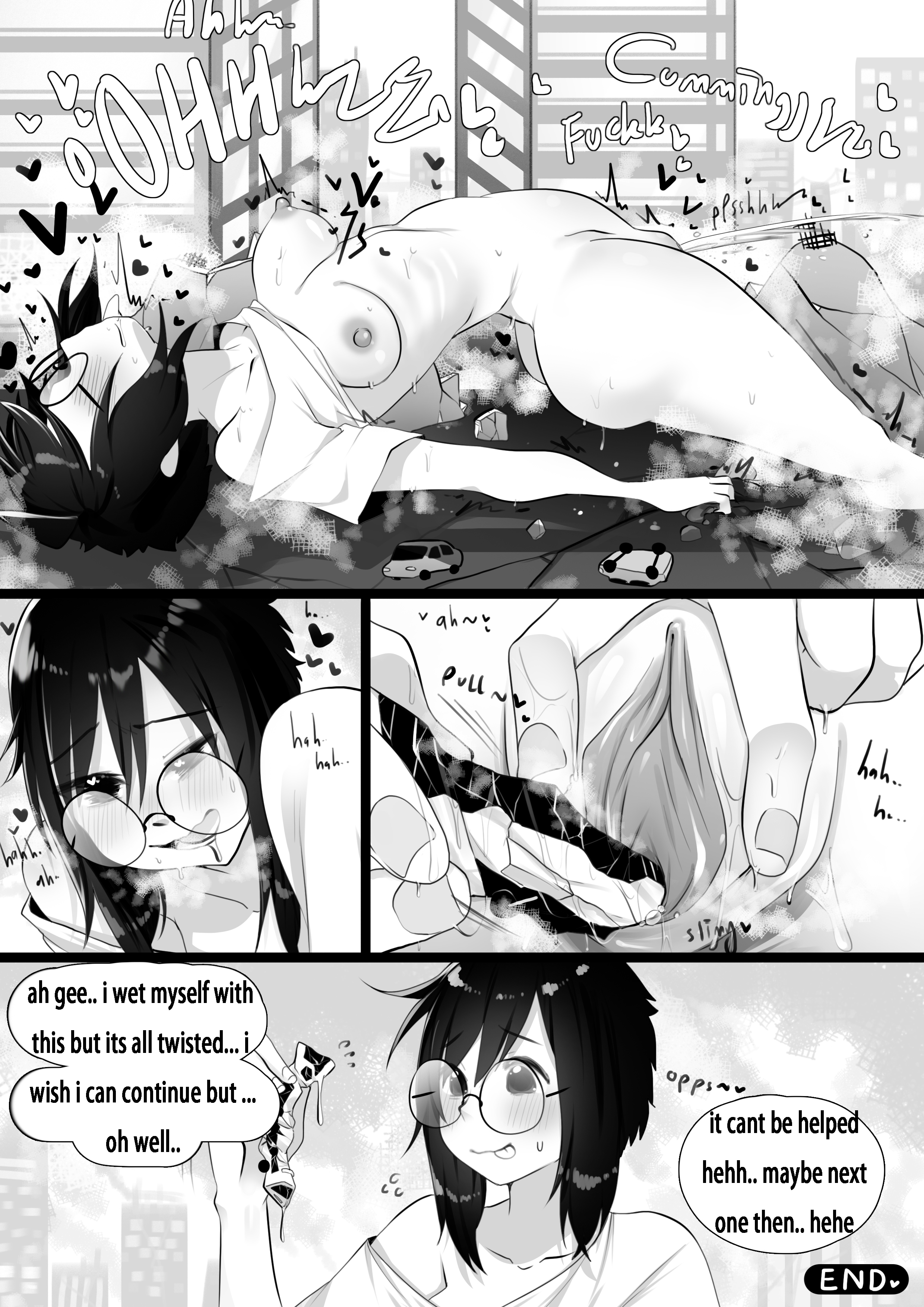 black and white, boobs, bottomless, city, comic, comic page, female, giantess, girl, glasses, littlefevil, masturbation, medium breasts, orgasm, projectile pussy juice, pussy, spread legs, spread pussy, spreading, squirting, train, vehicle, vehicle destruction, vehicle insertion, vehicle sex