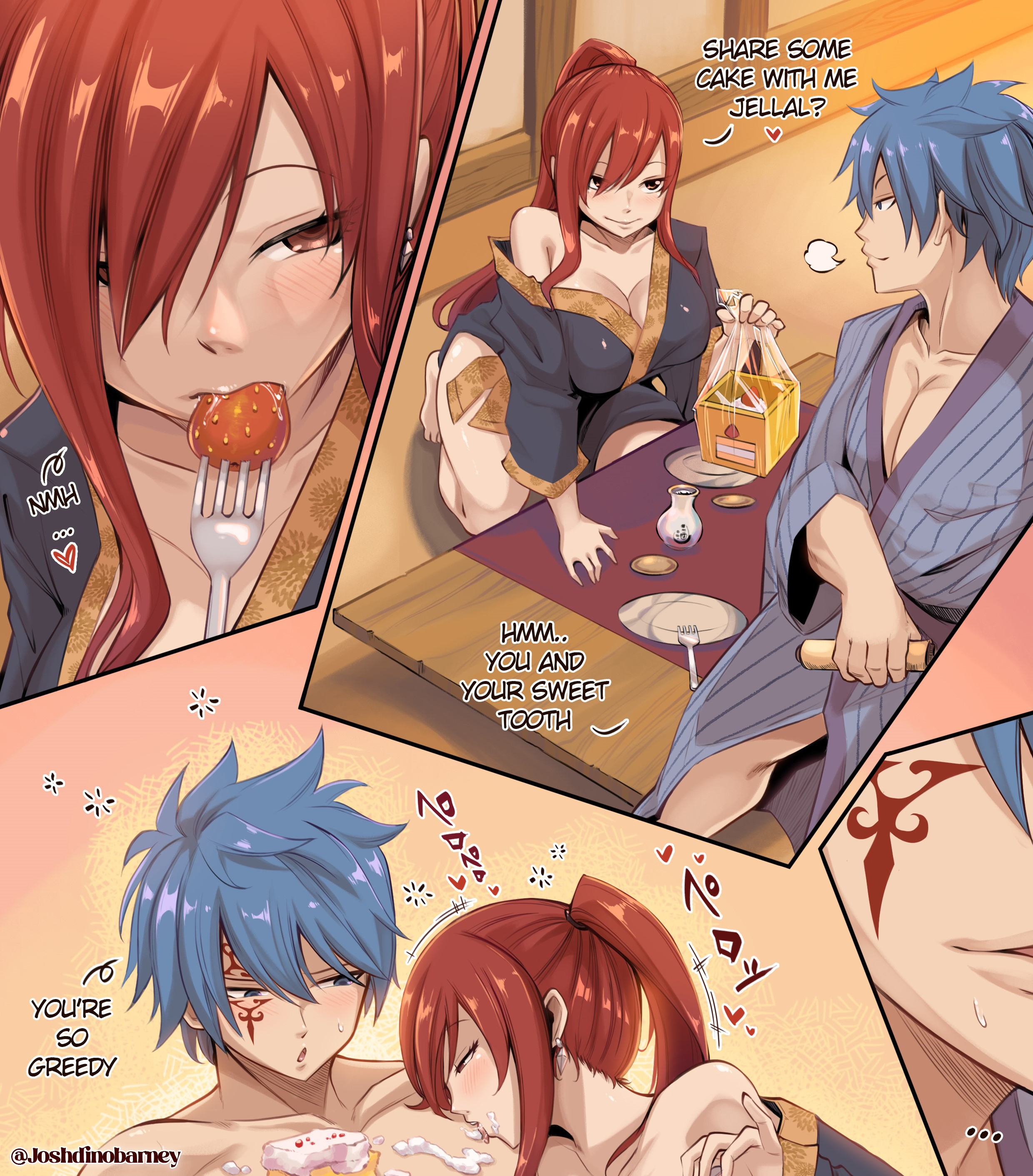 1boy, 1girls, absurdres, artist name, big breasts, black kimono, blue hair, blue-haired male, blush, blush lines, blushing, breasts, cleavage, comic, commentary request, eating, english commentary, english text, erza scarlet, facial tattoo, fairy tail, female, fork, highres, holding, holding fork, imminent sex, japanese clothes, jellal fernandes, joshdinobarney, kimono, large breasts, long hair, nantaimori, plate, ponytail, red eyes, red hair, red-haired female, short hair, sidelocks, smile, straight, tattoo, twitter username