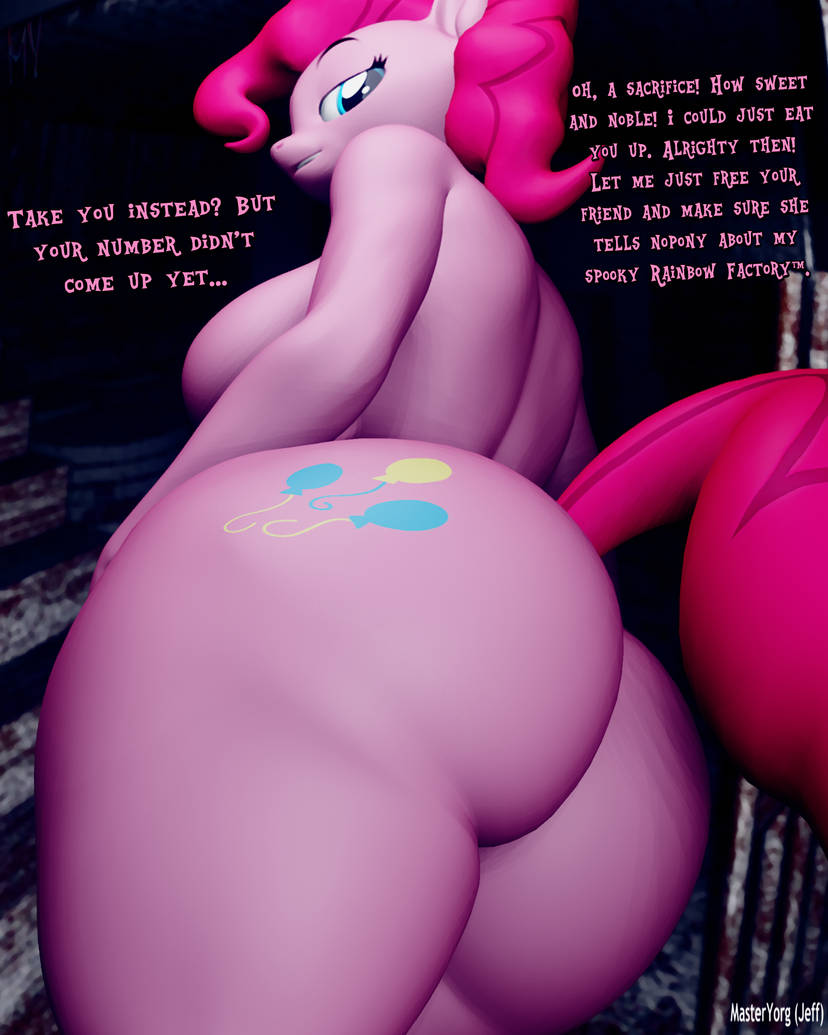 anthro, big ass, big breasts, blue eyes, cutie mark, english text, fully naked, fully nude, giant ass, huge ass, huge breasts, masteryorg0, my little pony, naked, nipples, nude, pink body, pink hair, pink skin, pink tail, pinkie pie (mlp), pony, text
