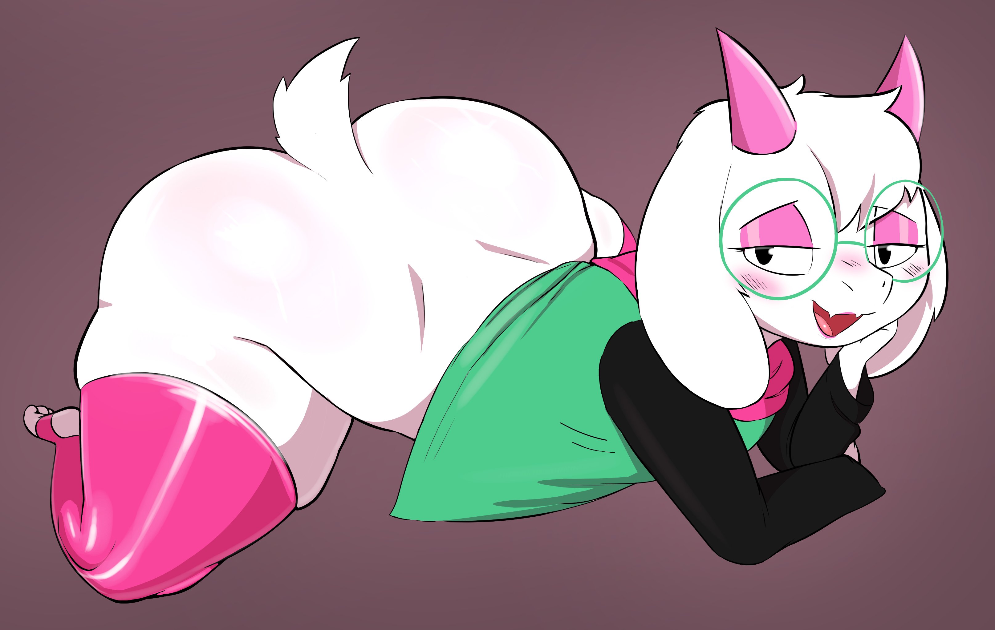 2025, anthro, bedroom eyes, big ass, blush, bottom heavy, bubble butt, dat ass, deltarune, dumptruck ass, femboy, fur, furry, glasses, goat, goat boy, goat humanoid, horns, huge ass, kingofacesx, looking at viewer, male, male only, massive ass, massive thighs, open smile, ralsei, smile, solo male, stirrup legwear, thick thighs, thighhighs
