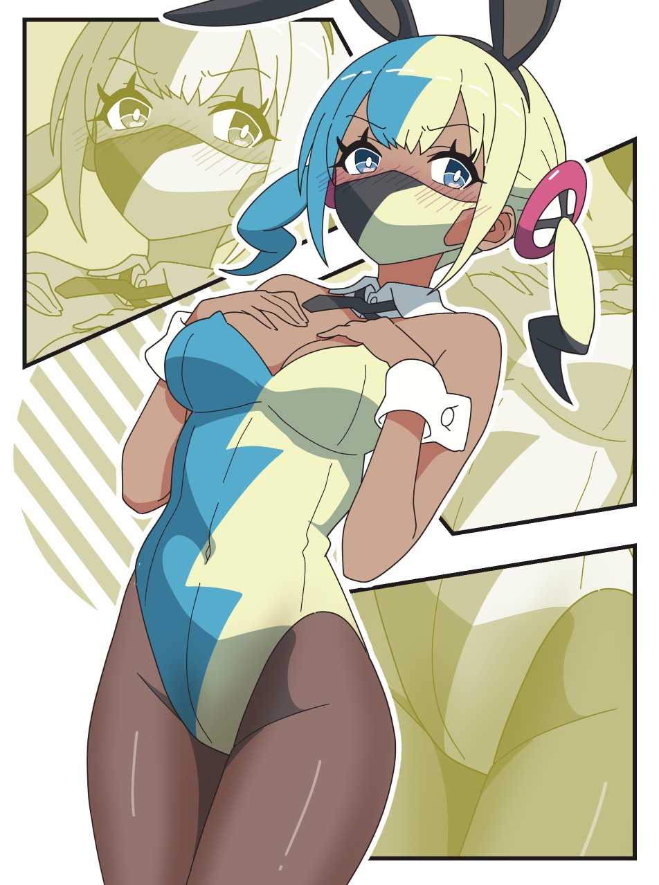 1girls, alternate costume, animal ears, aqua hair, bare shoulders, black bow, black hairband, black mask, black pantyhose, blonde hair, blue eyes, blue leotard, bow, breasts, bunny ears, bunnysuit, canari (pokemon), canary (pokemon), commentary request, covered navel, dark skin, dark-skinned female, detached collar, fake animal ears, female, hairband, highres, kanbei (pixiv11037490), leotard, looking at viewer, mask, medium breasts, mouth mask, multicolored hair, pantyhose, playboy bunny, pokemon, pokemon legends: z-a, rabbit ears, short twintails, split-color clothes, split-color hair, twintails, two-tone hair, two-tone mask, white wrist cuffs, wrist cuffs, yellow leotard, yellow mask