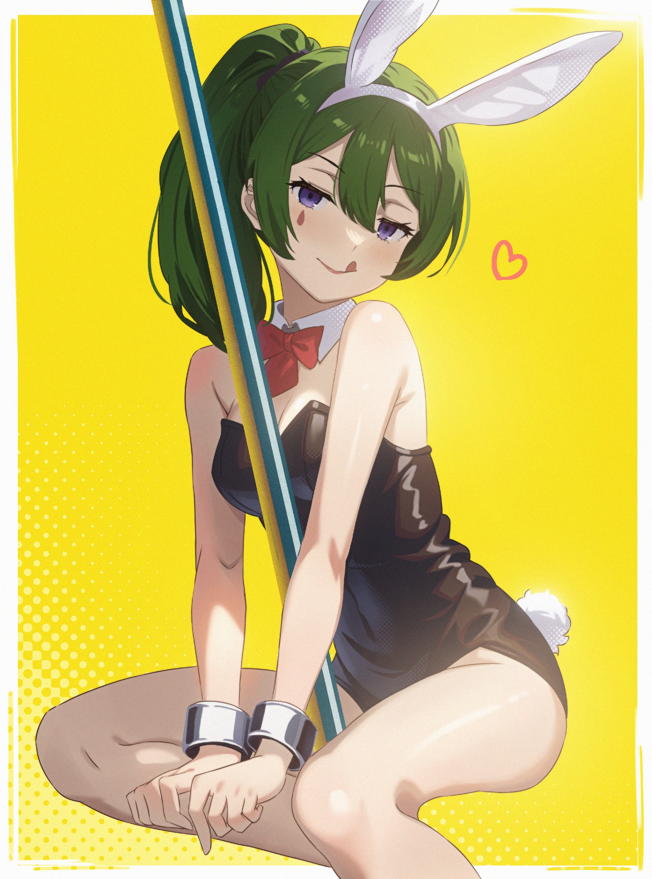 1girls, bunny ears (cosmetic), edgar syu, green hair, playboy bunny, ponytail, purple eyes, sousou no frieren, stripper pole, thighs, tongue out, ubel (sousou no frieren)