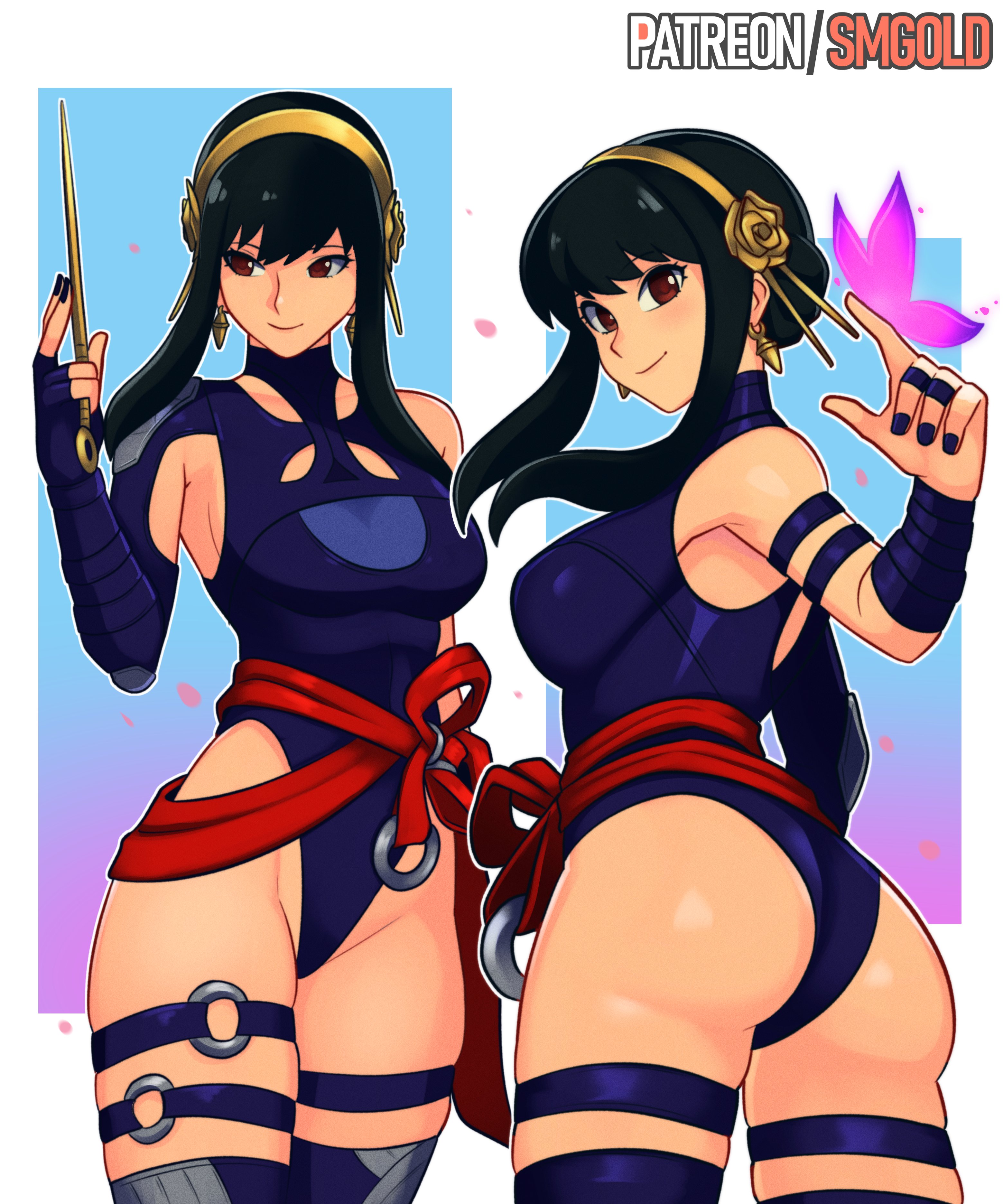 1girls, ass, ass focus, assassin, black hair, female, female only, human, human female, long hair, marvel, marvel comics, marvel rivals, psylocke (cosplay), red eyes, smgold, solo, spy x family, stiletto (weapon), thorn princess, x-men, yor briar, yor forger