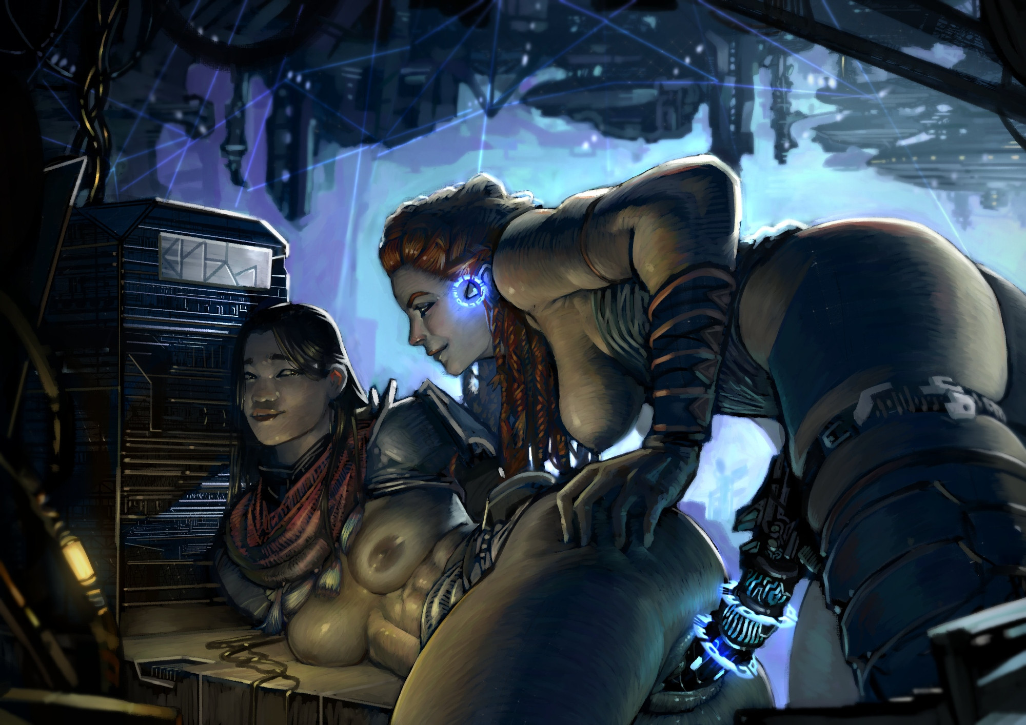 2girls, abs, aloy, asian, asian female, ass, big breasts, biting lip, calli giovanini, calligiovanini, canon couple, cave, curvy, exposed breasts, exposed nipples, exposed pussy, from behind, glowing, glowing strap-on, guerilla games, horizon forbidden west, horizon zero dawn, large breasts, lesbian sex, nipples, pale-skinned female, playstation, red hair, seyka, shadow, sony interactive entertainment, strap-on, strapon, technology, thick thighs, thighs, yuri