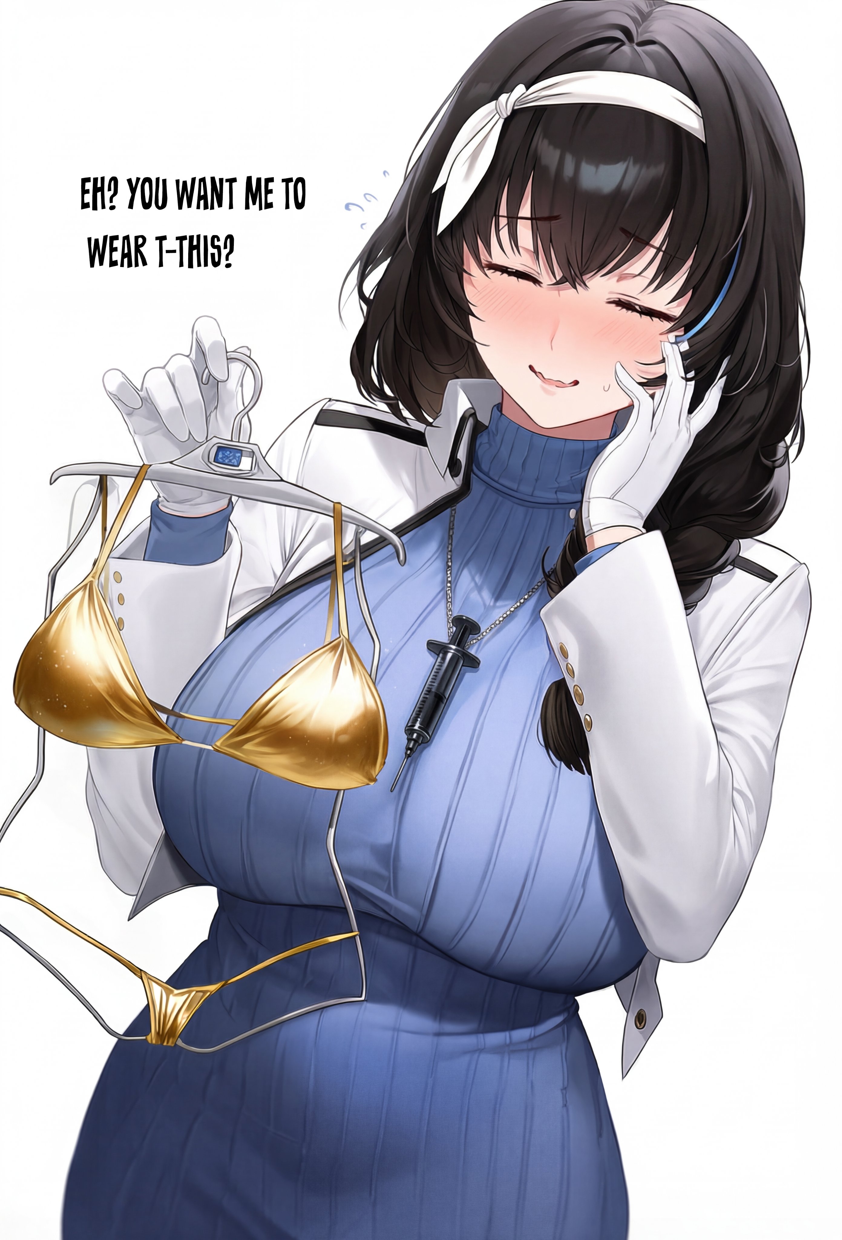 1girls, ai generated, bikini, blush, breasts, closed eyes, english text, goddess of victory: nikke, golden bikini, hand on own face, huge breasts, light skin, light-skinned female, mary (nikke), sweat, sweatdrop, text, thefelix, white background