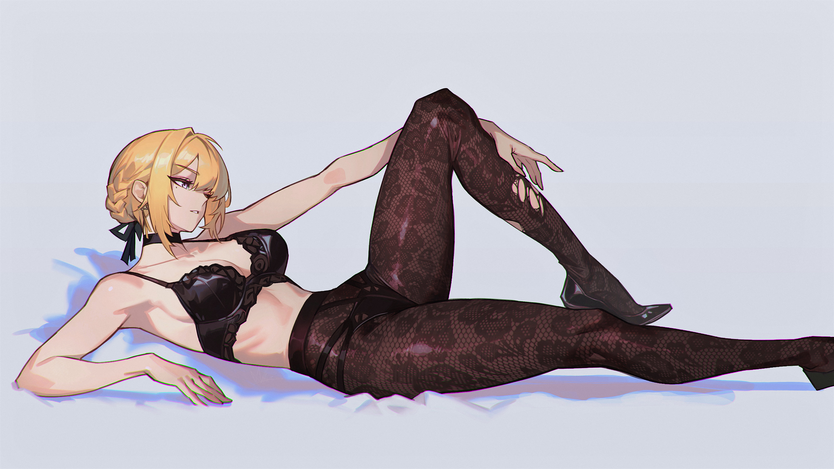 absurdres, black bra, black shoes, blonde hair, bra, braid, breasts, bun with braided base, evelyn chevalier, female, floral print pantyhose, high heels, highres, lace pantyhose hooked on heel (meme), lewdicy, lying, medium breasts, meme, on back, pantyhose, purple eyes, shoes, simple background, solo, underwear, white background, zenless zone zero