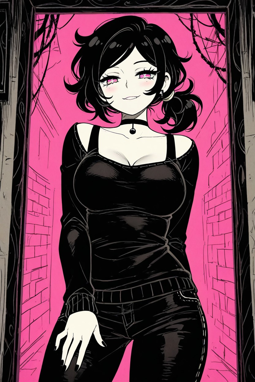 1girls, ai generated, ashley graves, biting lip, black choker, black hair, breasts, choker, curvy, curvy body, curvy female, curvy figure, female, female only, goth, goth girl, imminent anal, imminent fellatio, imminent oral, imminent orgasm, imminent penetration, imminent rape, imminent sex, imminent vaginal, looking at viewer, medium breasts, pants, perfect ass, perfect body, perfect legs, pink eyes, seducing, seduction, seductive, seductive body, seductive eyes, seductive gaze, seductive look, seductive mouth, seductive pose, seductive smile, sexy, sexy body, sexy dress, sexy female, sexy pose, smile, smiley face, smiling, smiling at viewer, solo, solo female, solo focus, the coffin of andy and leyley, viewer, woman only