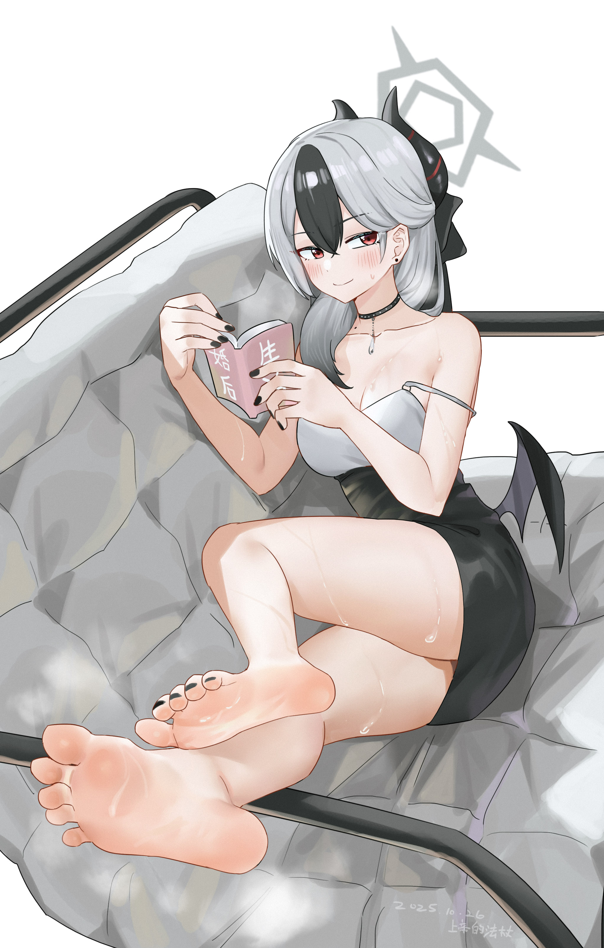 absurdres, artist name, bare legs, bare shoulders, barefoot, black bow, black choker, black dress, black hair, black horns, black nails, blue archive, blush, book, bow, breasts, choker, cleavage, closed mouth, collarbone, commentary, couch, dated, demon girl, demon horns, demon wings, double-parted bangs, dress, earrings, feet, female, foot focus, full body, grey hair, grey halo, hair behind ear, hair between eyes, hair over shoulder, hairbow, half updo, halo, hands up, highres, holding, holding book, horns, jewelry, kayoko (blue archive), kayoko (dress) (blue archive), legs, long hair, looking at viewer, low wings, mole, mole on nose, multicolored hair, nail polish, official alternate costume, official alternate hairstyle, on couch, open book, reading, red eyes, shangdi de fa zhang, short dress, simple background, single wing, sleeveless, sleeveless dress, smile, soles, solo, strap slip, stud earrings, sweat, sweatdrop, thighs, toenail polish, toenails, toes, tsurime, two-tone hair, variant set, watermark, white background, wings