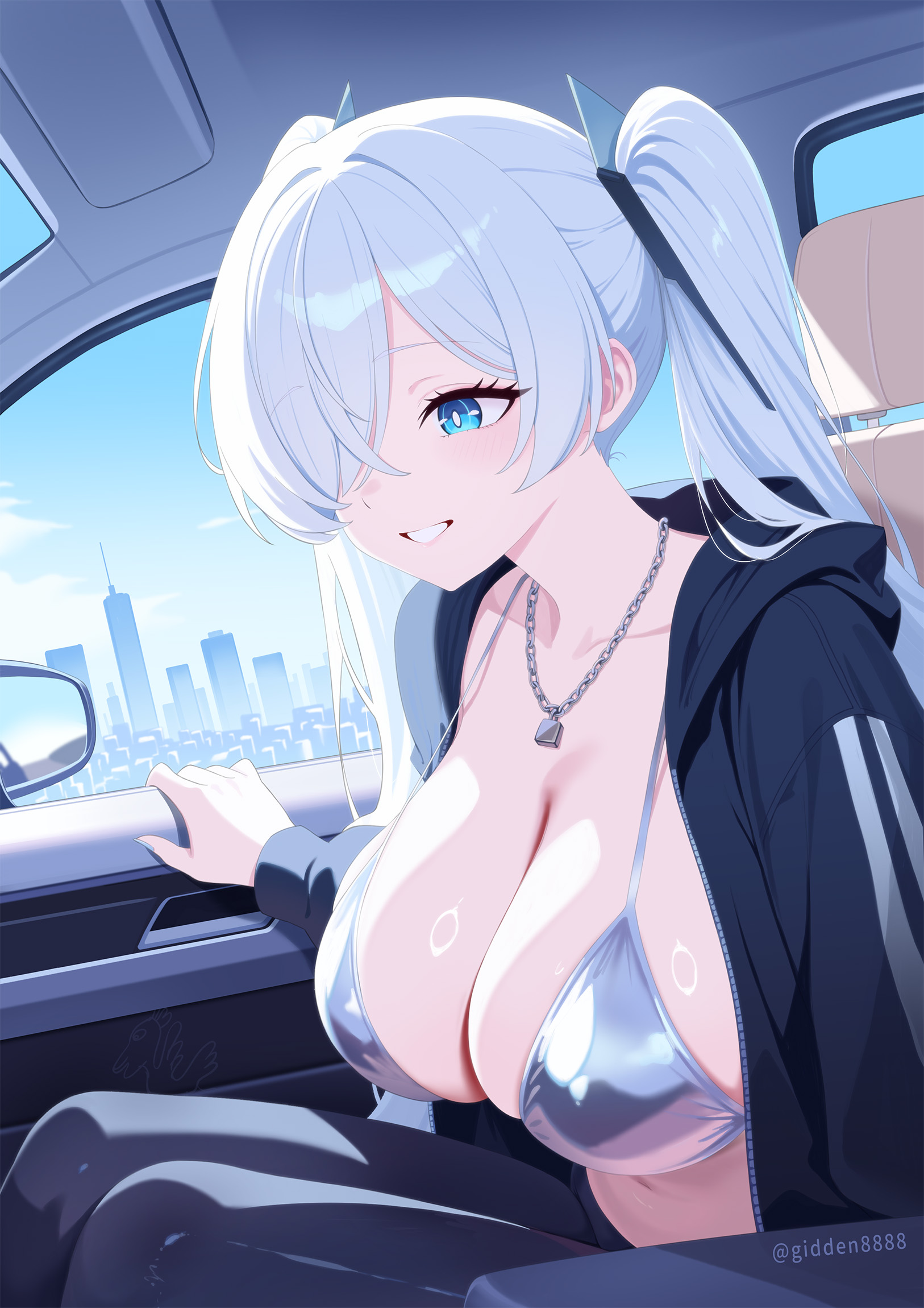 alternate costume, bikini, black hoodie, blue eyes, breasts, building, car, car interior, chair, cinderella (nikke), city, cityscape, cleavage, female, goddess of victory: nikke, grin, hair over one eye, highres, hood, hoodie, jewelry, large breasts, long hair, mixed-language commentary, motor vehicle, necklace, open clothes, open hoodie, pants, silver bikini, sitting, skyscraper, smile, solo, strap gap, swimsuit, tsai gi, twintails, twitter username, very long hair, white hair, window