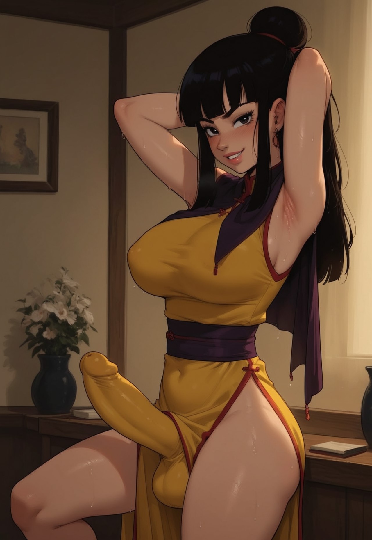 1futa, abs, ai generated, armpits, ass, big ass, big breasts, big butt, big hips, big penis, black eyes, black hair, breasts, chichi, cleavage, covered abs, dick, dickgirl, dragon ball, dragon ball super, dragon ball z, eyebrows, eyelashes, futa only, futanari, grin, grinning, grinning at viewer, hair, hair bun, hands-free, huge cock, indoors, lips, long hair, looking at viewer, makeup, narrow waist, narrowed eyes, nose, penis, seducing, seductive, seductive eyes, seductive gaze, seductive look, seductive mouth, seductive pose, seductive smile, smile, smile at viewer, smiley face, smooth balls, smooth penis, smooth skin, solo, solo dickgirl, solo focus, solo futa, solo futanari, testicles, velonix, yellow dress