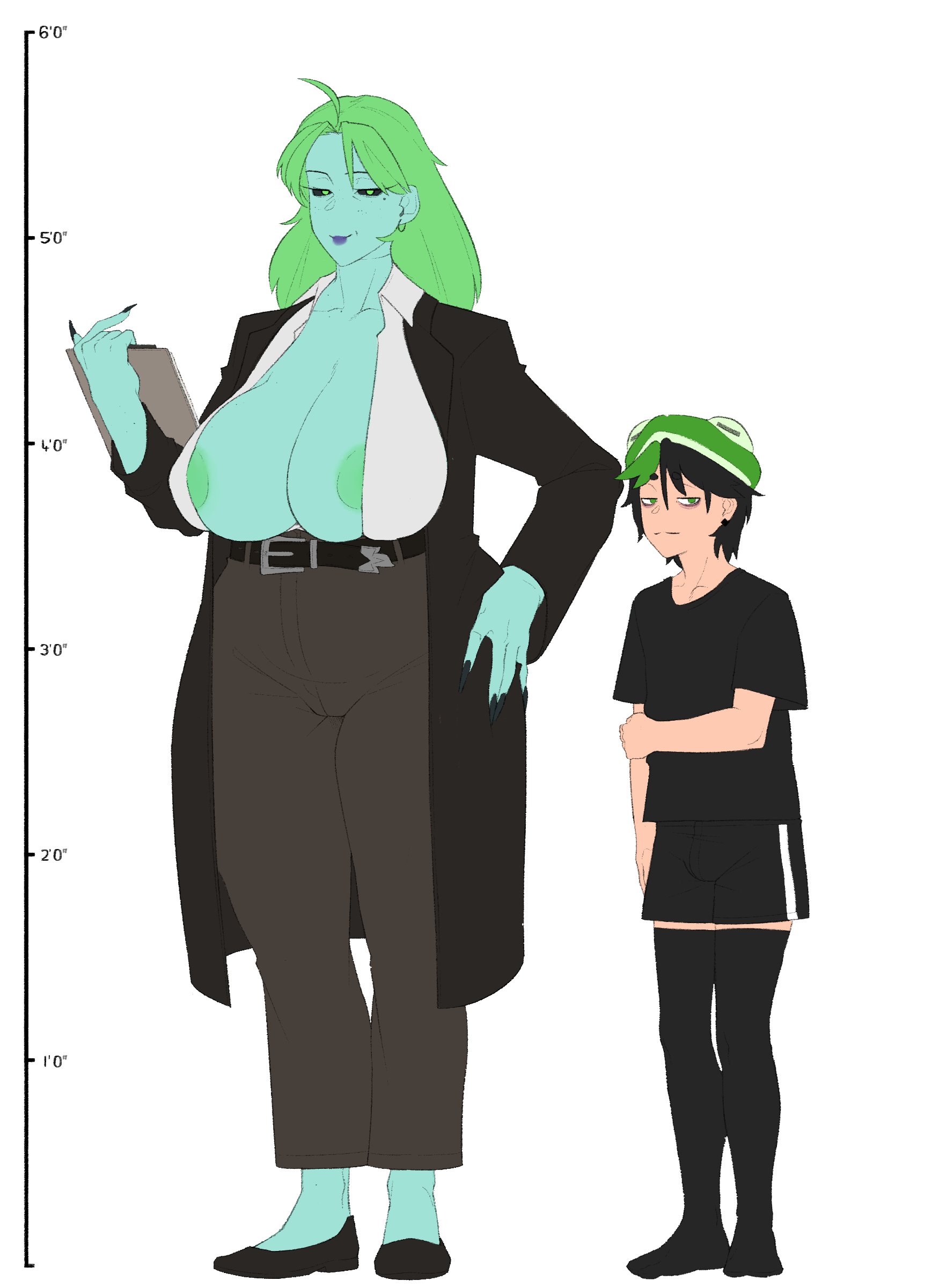 1boy, 1girls, ahoge, areola slip, areolae, areolae slip, black hair, black nails, black sclera, boobs, breasts, cleavage, clothing, dianne (le wizard0), dullahan, earrings, female, green body, green eyes, green hair, green skin, hat, le wizard0, le wizard0 (oc), male, mole under eye, simple background, size comparison, size difference, stockings, tall female, taller female, two-tone hair, visible areolae