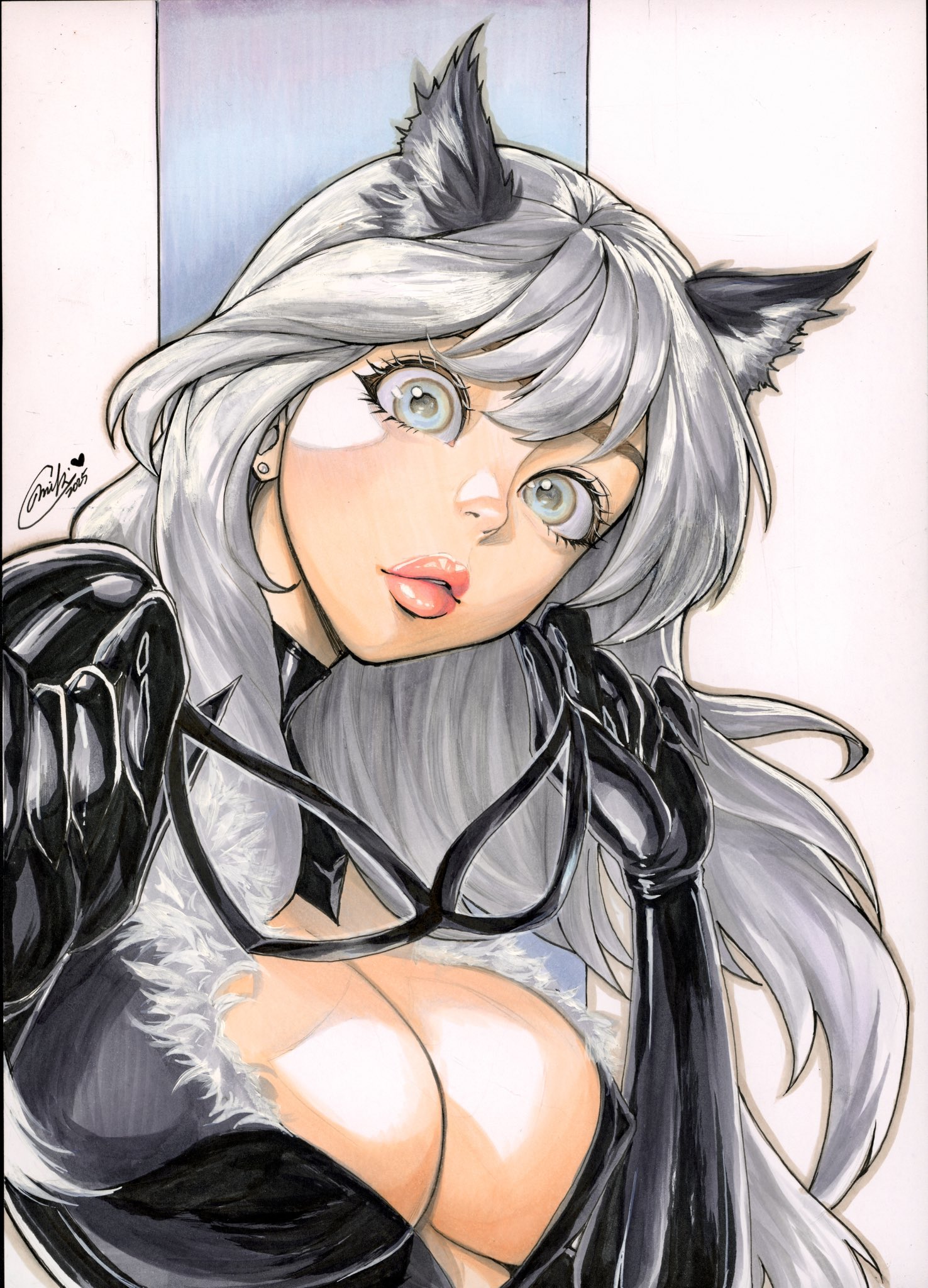 1girls, 2025, adorable, adorable face, adorable girl, alluring, big breasts, big eyes, black cat (marvel), bodysuit, breasts, bursting breasts, bust portrait, cat ears, color, colored, cute, cute face, cute girl, digital drawing (artwork), ear piercing, enticing, eyelashes, felicia hardy, female, huge breasts, large breasts, light skin, light-skinned female, looking at viewer, marvel, marvel comics, massive breasts, miki okazaki, pinup, red lipstick, seducing, shiny, shiny clothes, skin tight, spider-man (series), superheroine, teasing, teasing viewer, temptation, tempting, tempting viewer, thick breasts, tight clothes, tight clothing, unmasked, voluptuous, voluptuous female, white fur, white hair