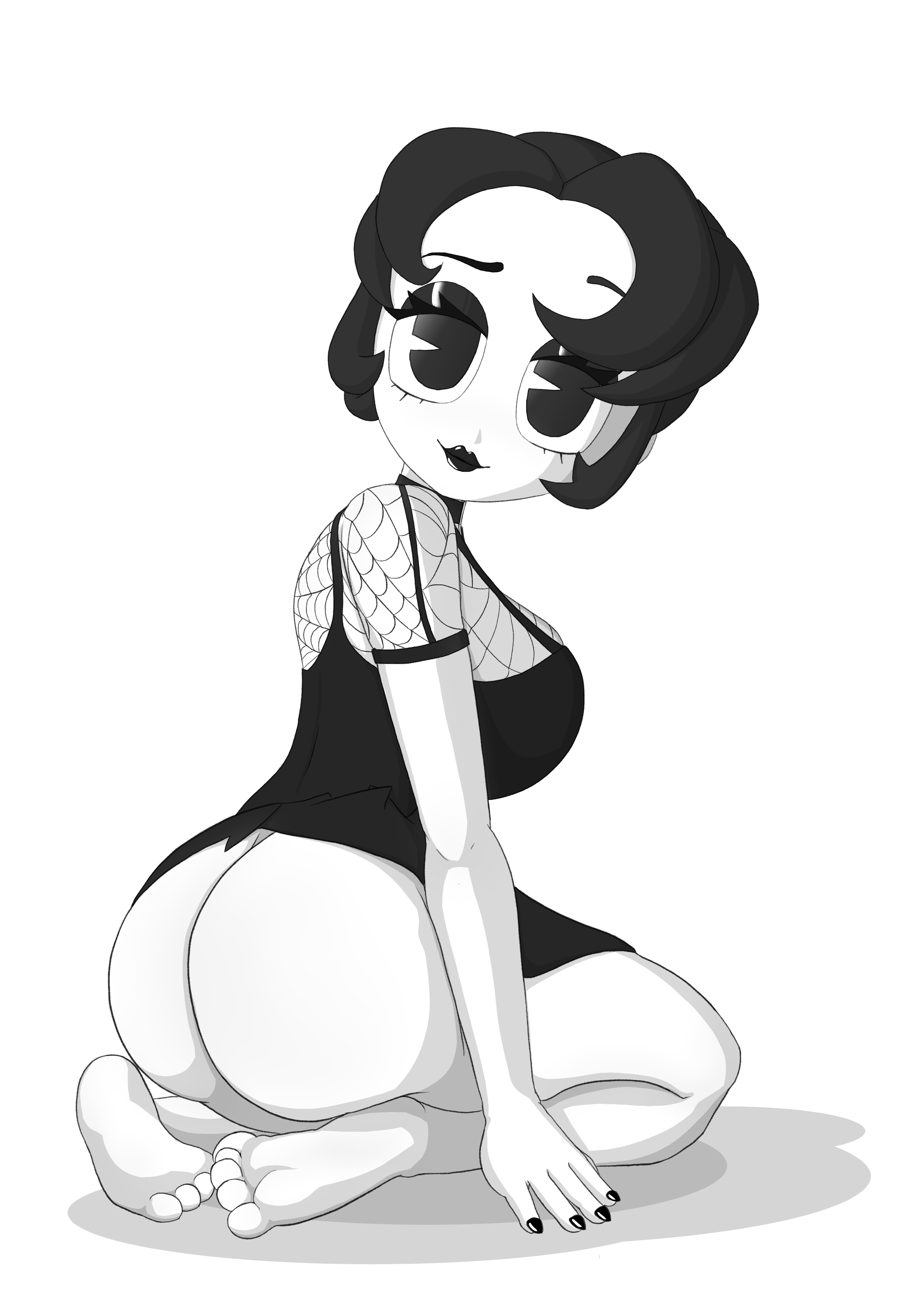 1girls, 2025, 2d, 2d (artwork), ass, barefoot, big ass, big breasts, black eyes, black fingernails, black hair, black lipstick, bottomless, breasts, cartoony, dat ass, dress, dress lift, eyelashes, feet, female, hands on floor, indie virtual youtuber, lipstick, looking, looking at viewer, looking back, moderatelyashamed, monochrome, monochrome body, no panties, no shoes, no underwear, on knees, open eyes, pac-man eyes, painted nails, pose, posing, posing for the viewer, pumpkin potion, raised dress, short hair, simple background, simple shading, sitting, sitting on knees, solo, solo female, toony, toony eyes, virtual youtuber, vtuber, white background, white body