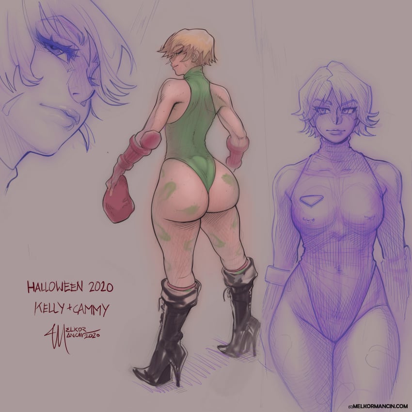 1girls, ass, back view, big ass, blonde female, blonde hair, boots, cammy white (cosplay), cosplay, fat ass, female, fingerless gloves, halloween, kelly swanson, large ass, leotard, looking at viewer, melkor mancin, petite, petite body, petite breasts, short hair, street fighter, thong leotard