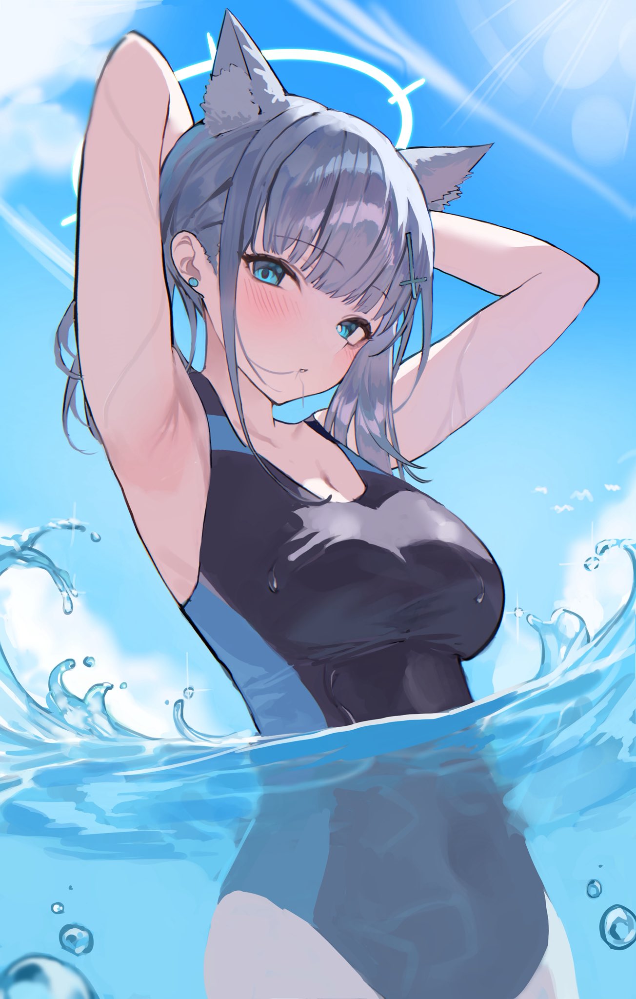 animal ear fluff, animal ears, armpits, arms up, bare arms, blue archive, blue eyes, blue sky, blurry, blurry background, blush, breasts, bubble, cleavage, cloud, competition swimsuit, depth of field, dodosaae, ear piercing, female, from below, grey hair, hair ornament, halo, highres, lens flare, light rays, looking at viewer, medium hair, official alternate costume, one-piece swimsuit, outdoors, parted lips, partially submerged, piercing, shiroko (blue archive), shiroko (swimsuit) (blue archive), sky, solo, swimsuit, upper body, water, wet, white halo, wolf ears, wolf girl