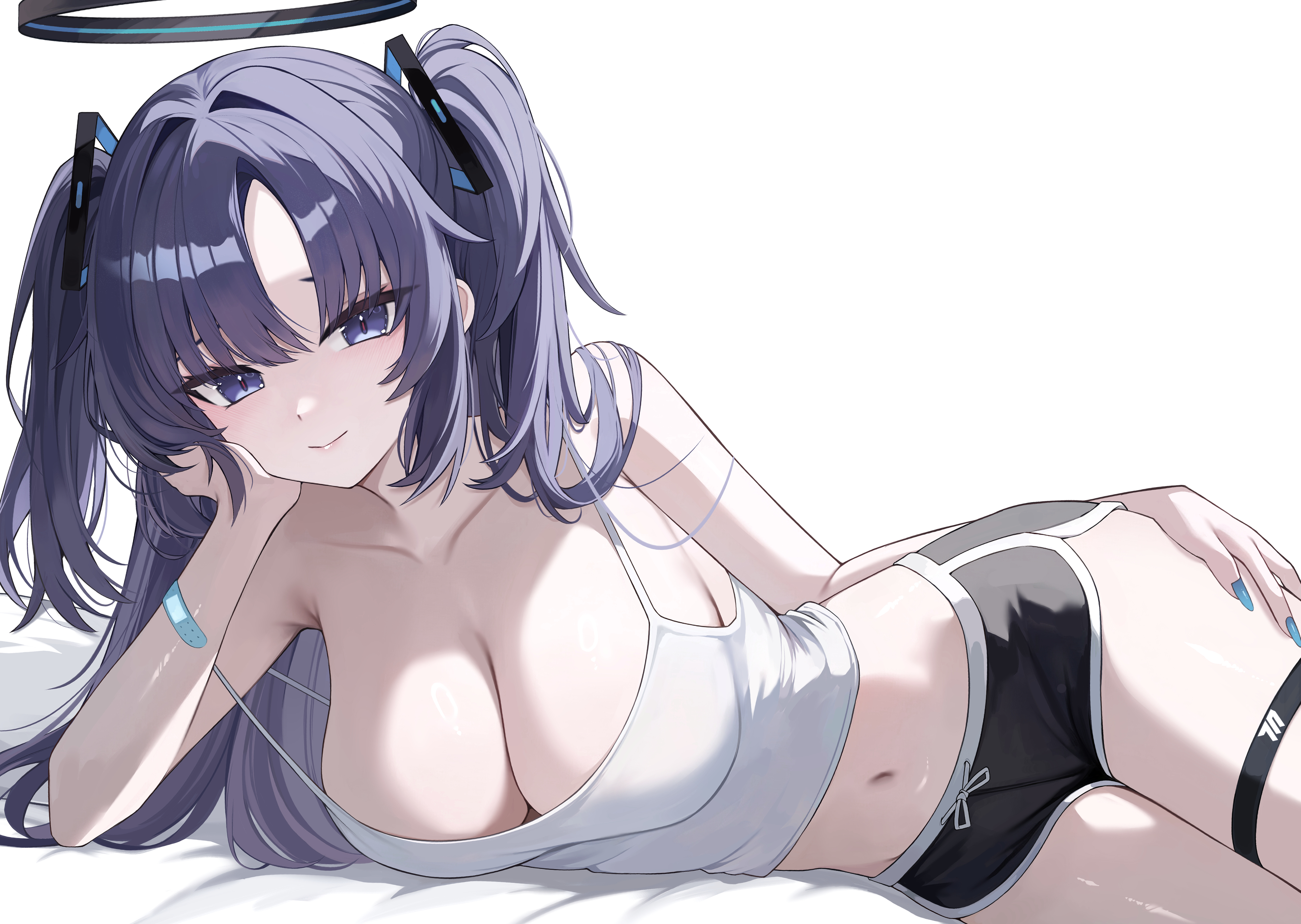 1girls, blue archive, booty shorts, bra strap slip, exposed midriff, female, kkato, laying on bed, long hair, loose clothes, lying, lying on bed, purple eyes, purple hair, smile, yuuka (blue archive)
