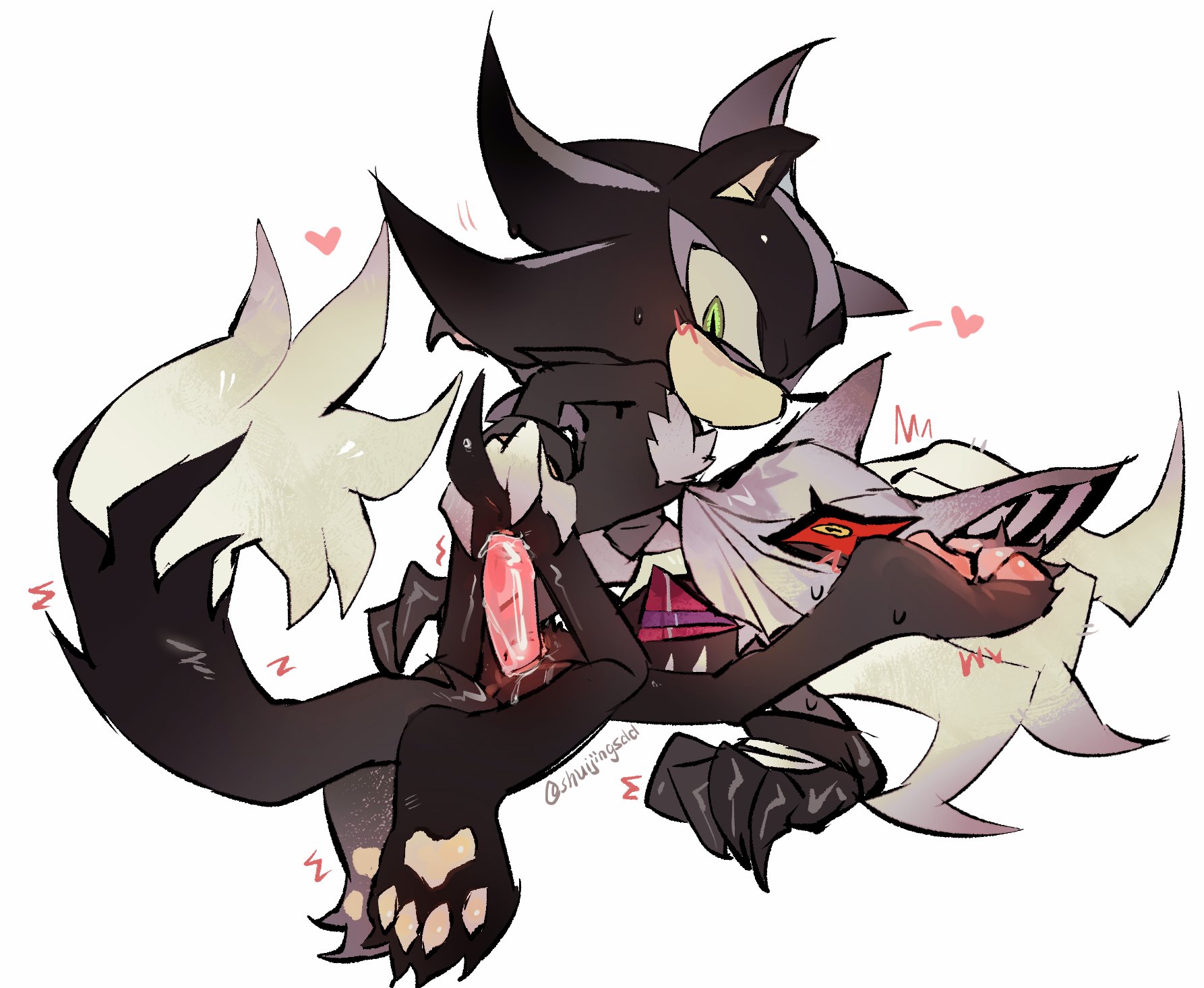 :v, amazon position, black body, black fur, blush, cowgirl position, cuntboy, gay, gloves only, green eyes, happy, heart, holding leg, infinite (sonic), infinite the jackal, jackal, leg grab, leg lift, leg up, legs up, lol, looking at another, looking at partner, looking back, looking up, male, male only, male/male, mask, masked, masked male, mephiles the dark, mephiles the dark (shadow form), no mouth, pawpads, paws, penetration, penis, sega, shuijingsdd, sonic (series), sonic the hedgehog (series), we need more infinite and mephiles content, white hair, yaoi, yellow eyes