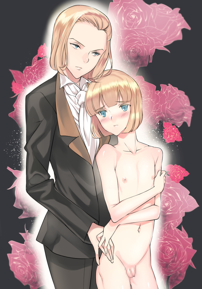 2boys blonde_hair blue_eyes blush bob_cut clothed_male_nude_male coin_rand collarbone flower formal male male_only multiple_boys navel nude penis rand_(artist) rose testicles trap