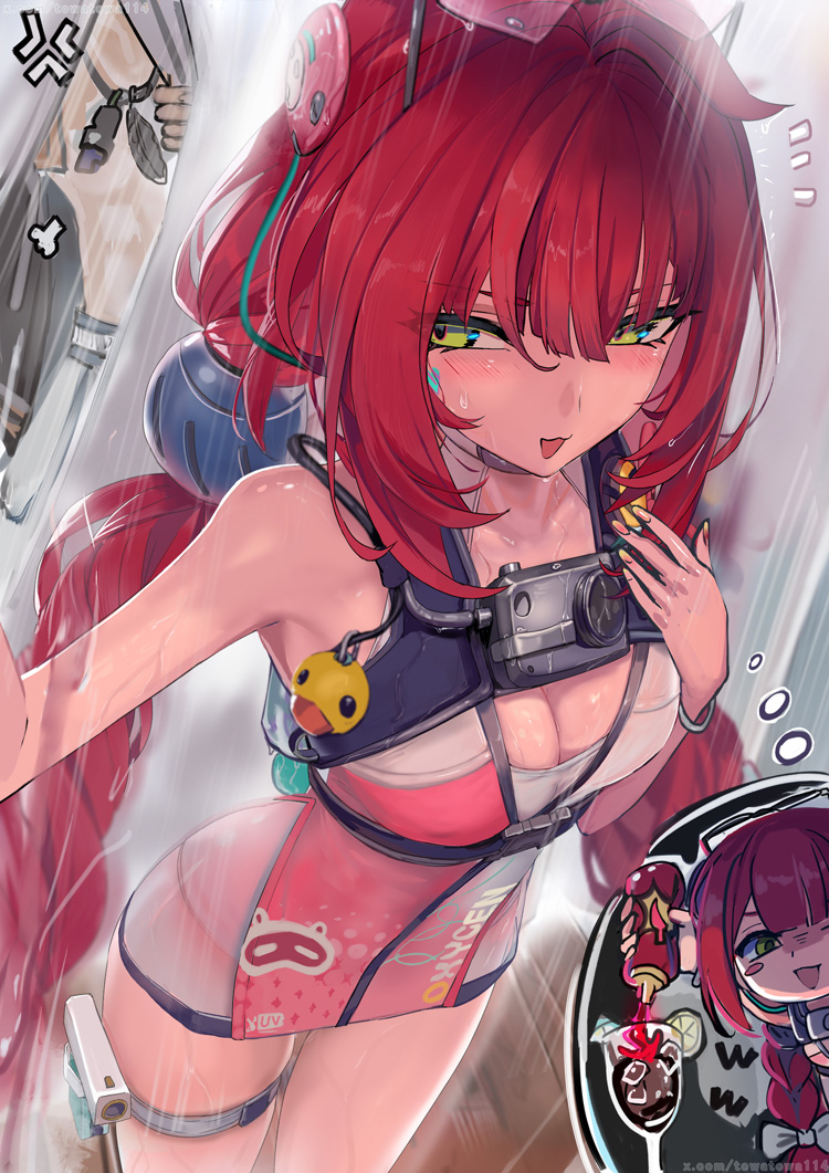 :d, 1boy, braid, breasts, cleavage, closed mouth, female, green eyes, hair ornament, long hair, medium breasts, official alternate costume, open mouth, red hair, smile, solo focus, sphere hair ornament, standing, swimsuit, towatowa114, twin braids, ukinami yuzuha, ukinami yuzuha (tanuki in broad daylight), wet, wet clothes, wet swimsuit, wise (peaceful waves) (zenless zone zero), wise (zenless zone zero), zenless zone zero