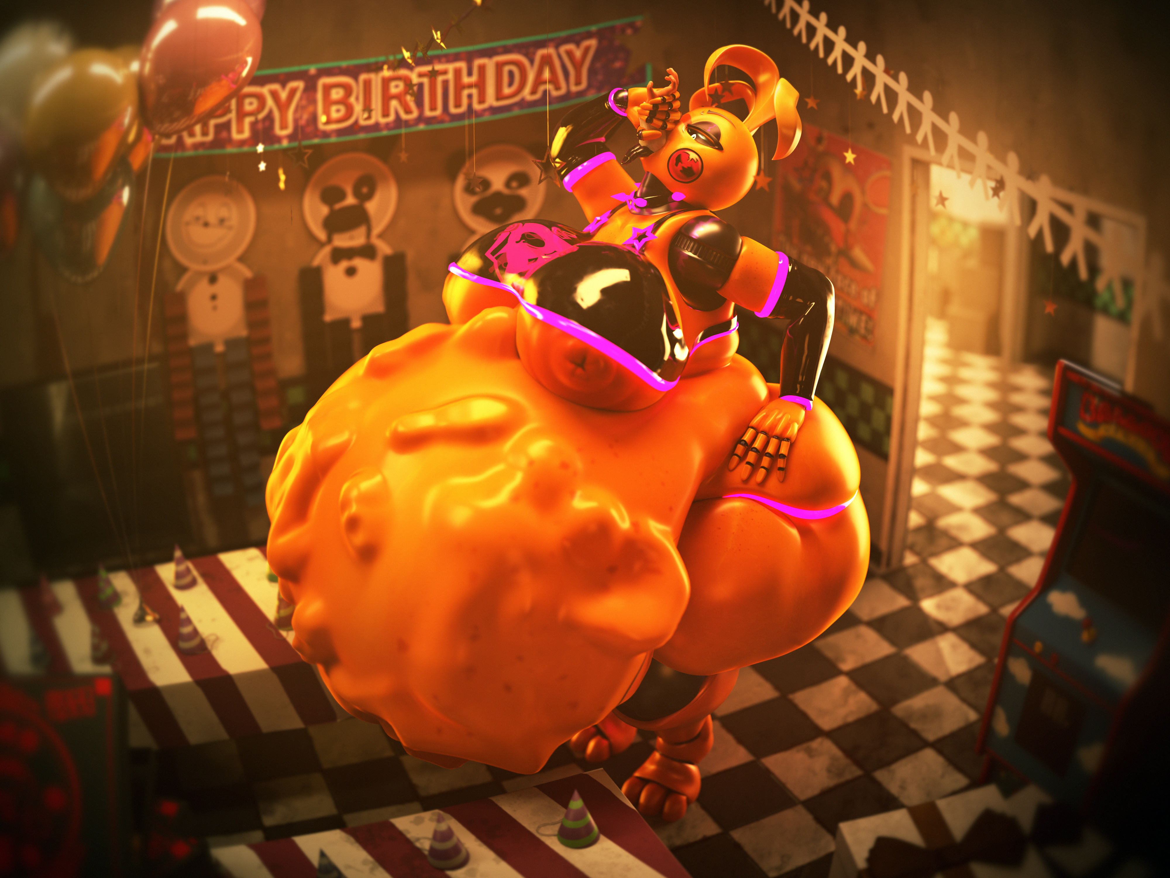 1girls, 3d, 3d (artwork), 3d model, animatronic, animatronic female, big belly, chicken, chicken girl, chubby, chubby female, female, five nights at freddy's, five nights at freddy's 2, fnaf, hyper, hyper belly, hyper breasts, hyper thighs, lustful zen, phasianid, robot, robot girl, scottgames, thick, thick thighs, toy chica (fnaf), toy chica (justminkov), vore, vore belly, yellow, yellow skin