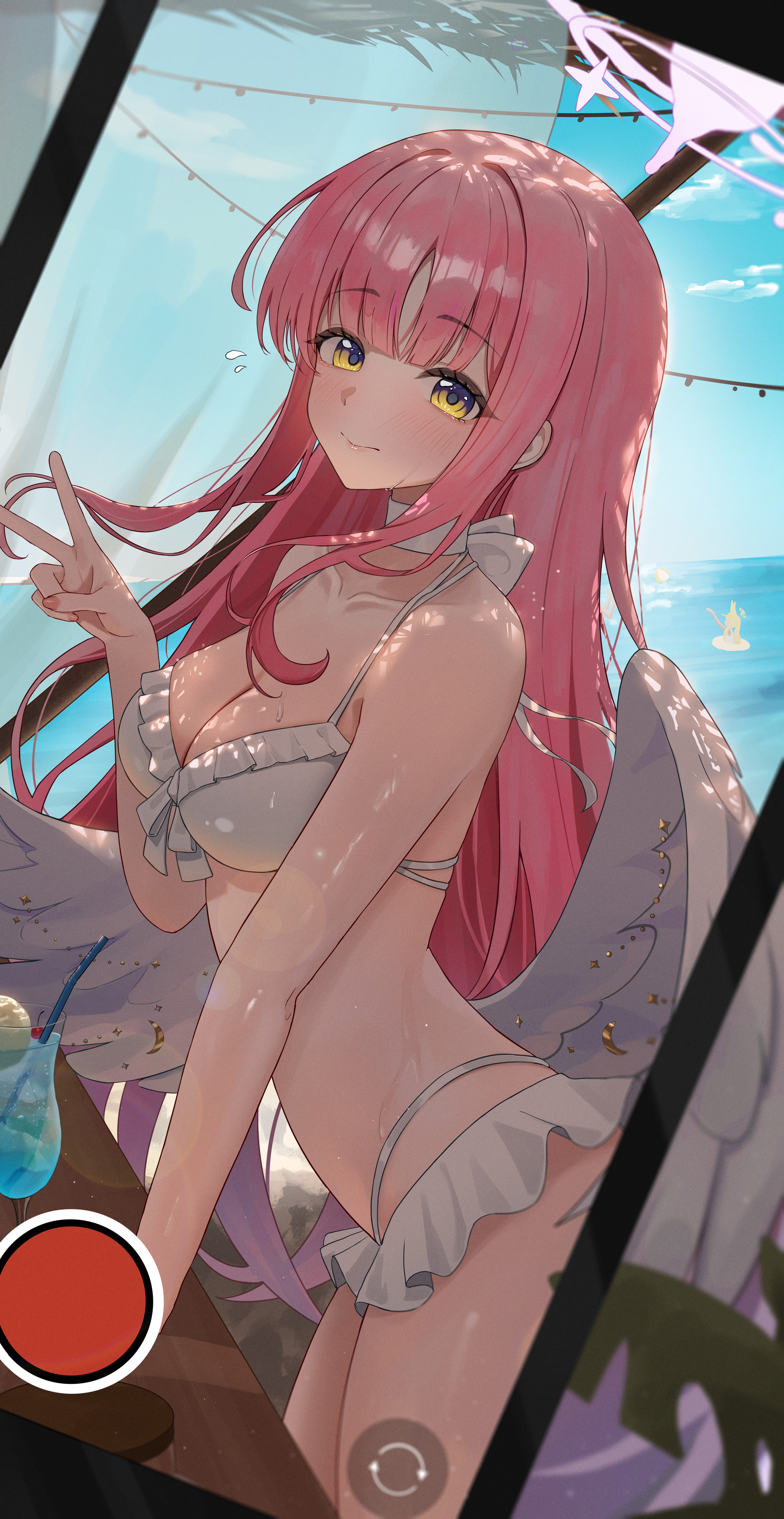 absurdres, angel wings, bikini, blue archive, blue sky, blunt bangs, breasts, cellphone, choker, cleavage, closed mouth, day, feathered wings, female, female only, frilled bikini, frills, front-tie bikini top, front-tie top, halo, hand up, highres, large breasts, long hair, looking at viewer, low wings, mika (blue archive), mika (swimsuit) (blue archive), multi-strapped bikini bottom, multi-strapped bikini top, ocean, official alternate costume, outdoors, phone, pink hair, pink halo, re ga, ribbon choker, sidelocks, sky, smartphone, smile, solo, swimsuit, v, viewfinder, white bikini, white choker, white wings, wings, yellow eyes