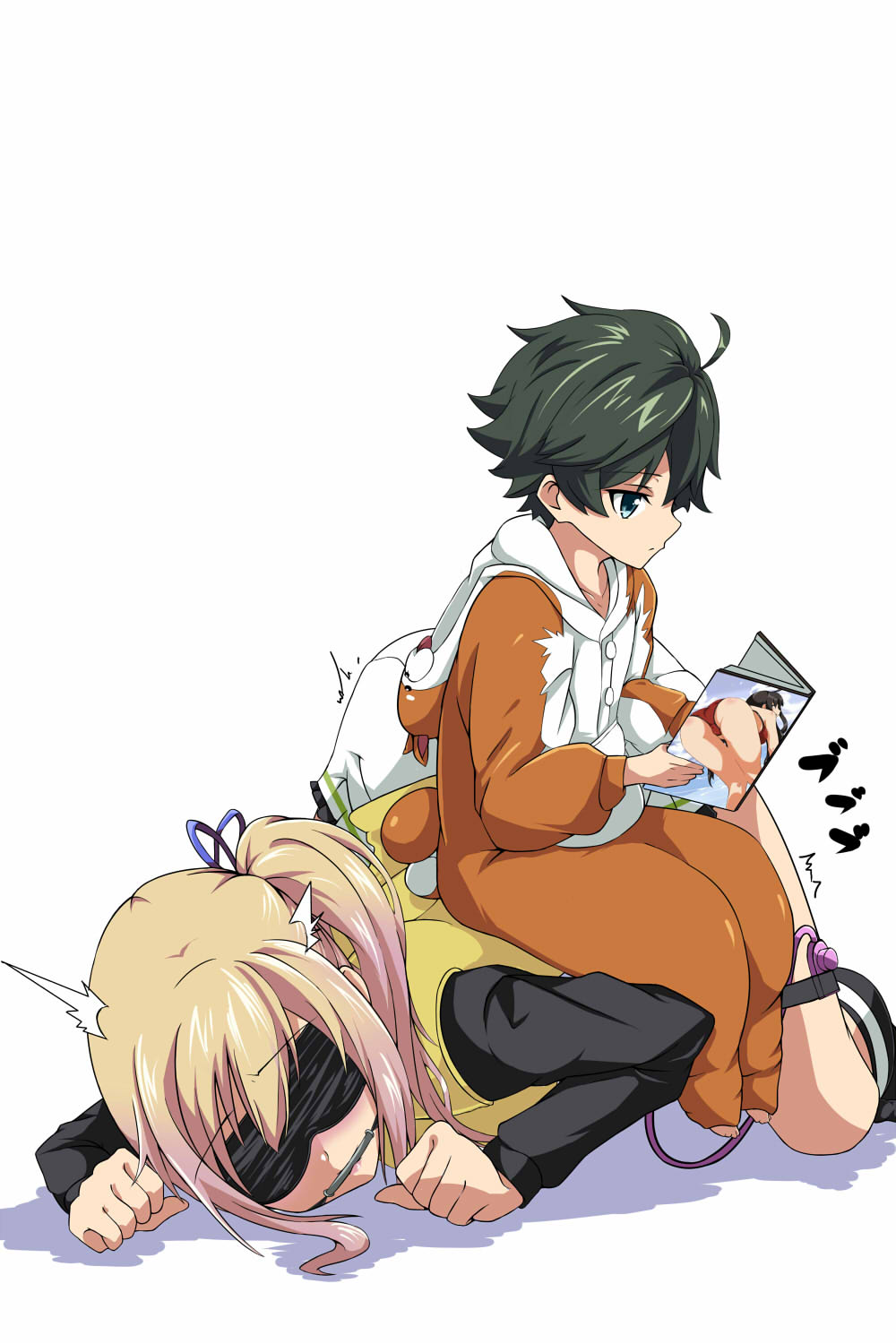 /\/\/\ 1boy 1girls all_fours animal_costume bit_gag black_hair blindfold blonde_hair blue_eyes book female femsub gag gagged hair_ribbon highres human_chair human_furniture ichijou_haruhiko kawakami_mai lying magazine male maledom musaigen_no_phantom_world reading restrained ribbon runaton short_hair side_ponytail simple_background sitting sitting_on_girl sitting_on_person sitting_on_sub size_difference small_dom_big_sub smaller_male tagme vibrator white_background