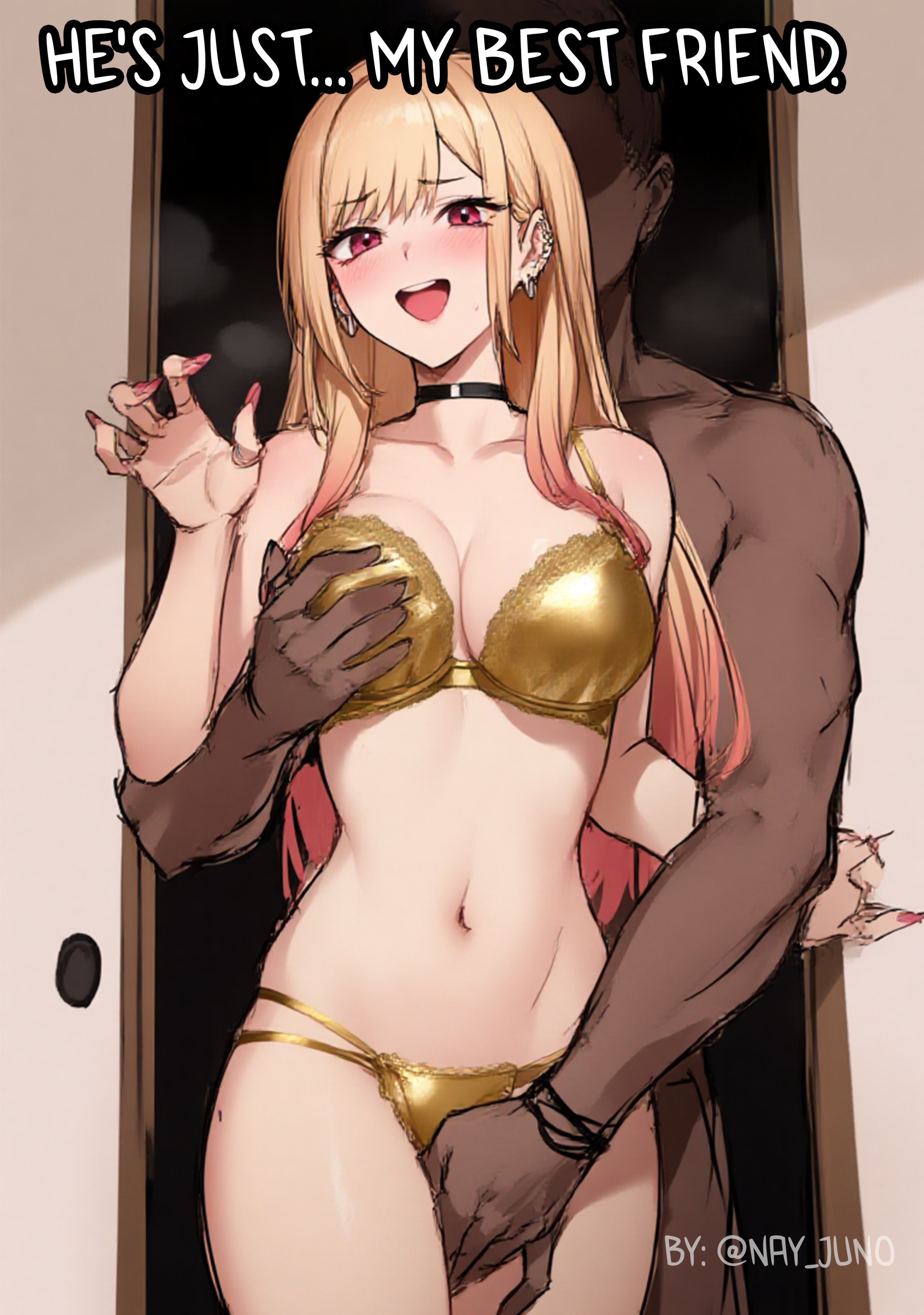 1girl, 1girls, ai assisted, ai generated, cheat, cheating, cuckold, dark-skinned male, female, golden underwear, kitagawa marin, manga, manga cover, manga page, nay juno, netorare, ntr, sono bisque doll wa koi wo suru, text, touching breast, touching pussy