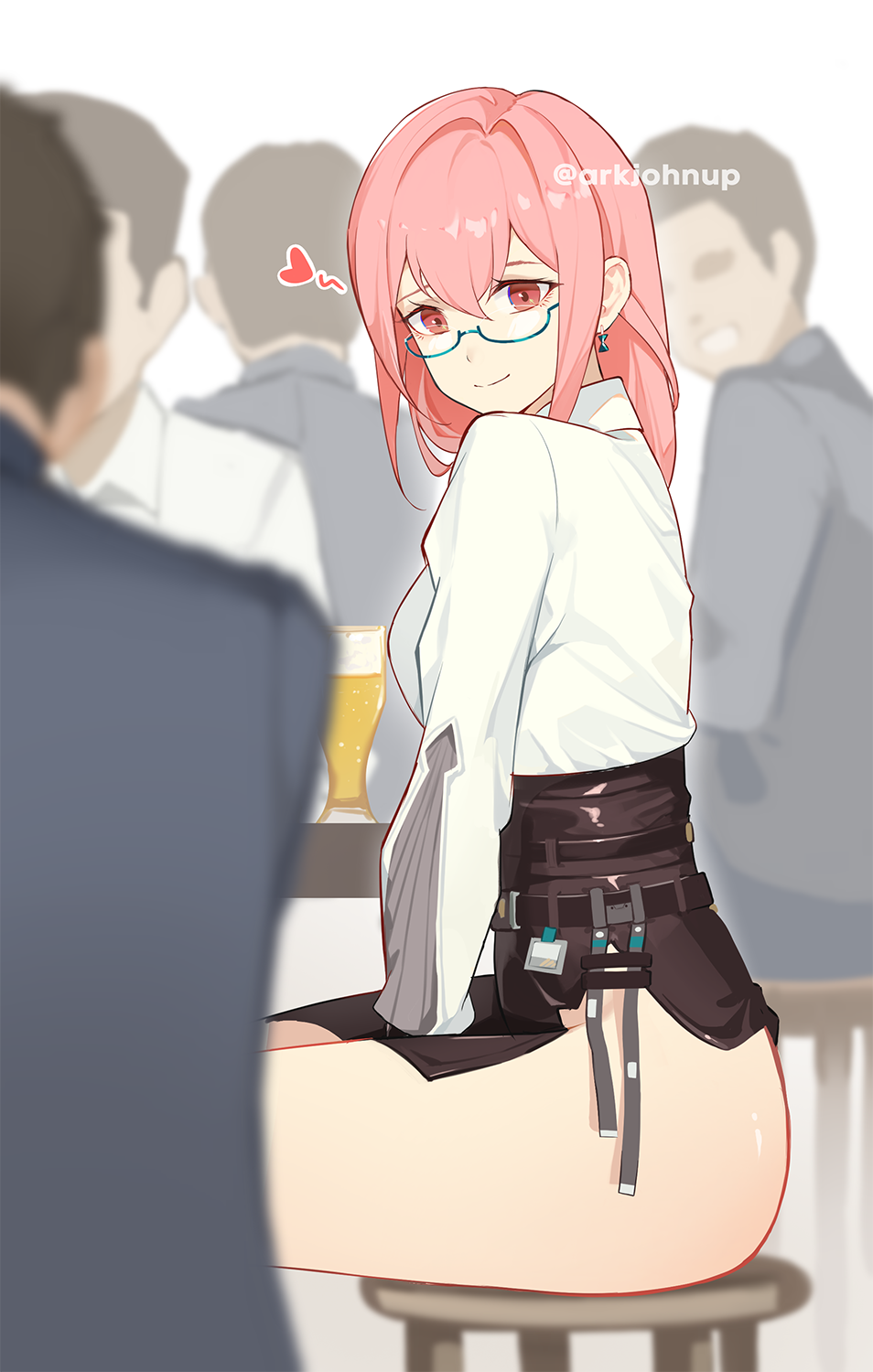 1girls, ark john up, black skirt, breasts, closed mouth, commentary, earrings, english commentary, female, female only, glasses, heart, high-waist skirt, highres, jewelry, large breasts, long hair, looking at viewer, pencil skirt, people, pink eyes, pink hair, shirt, sitting, skirt, smile, solo focus, thighs, tsukishiro yanagi, white background, white shirt, zenless zone zero