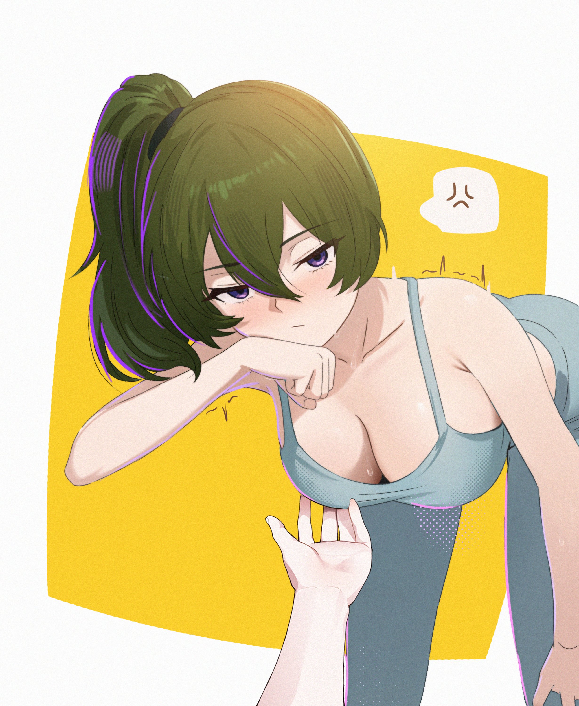 1girls, 1other, breasts, cleavage, edgar syu, green hair, leaning forward, sousou no frieren, spoken anger vein, sweatdrop, touching breast, ubel (sousou no frieren)