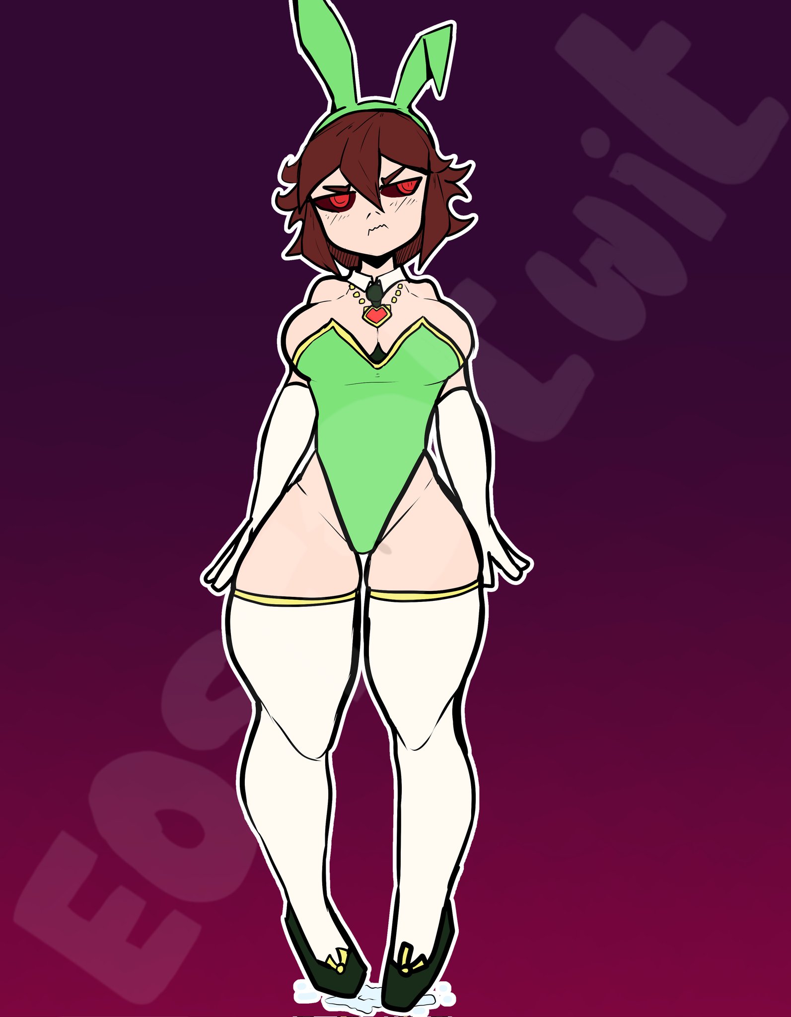 1girls, annoyed, annoyed expression, arm stockings, big breasts, big thighs, black sclera, brown hair, bunny ears, bunny girl, bunnysuit, chara, eosftwit, female chara, headband, heart locket, locket, necklace, red eyes, short hair, stockings, text, undertale, undertale (series)