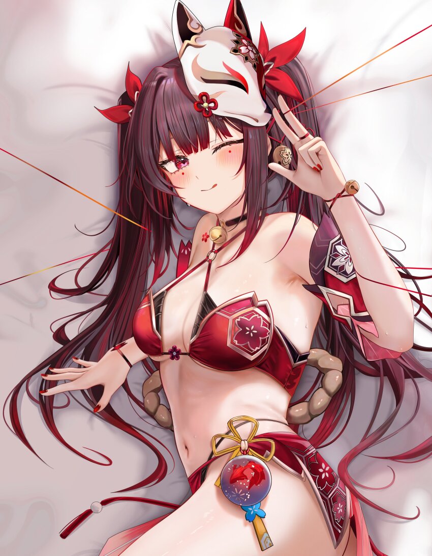 :p, 1girls, absurdres, ass, bare legs, bare shoulders, bed, belly, belly button, blush, boob tattoo, bra, breast tattoo, breasts, brown hair, choker, cleavage, collarbone, dakimakura, dakimakura (medium), detached sleeves, female, female only, fox mask, hair ornament, highres, hips, hips wider than shoulders, honkai (series), honkai: star rail, jingle bell, long hair, looking at viewer, lying, mask, masked fool, medium breasts, navel, neck bell, on bed, one eye closed, panties, red eyes, red nails, red underwear, ru zhai, side ass, side view, sleeves, solo, sparkle (honkai: star rail), stomach, symbol-shaped pupils, tattoo, thighs, tongue, tongue out, twintails, underwear, wink
