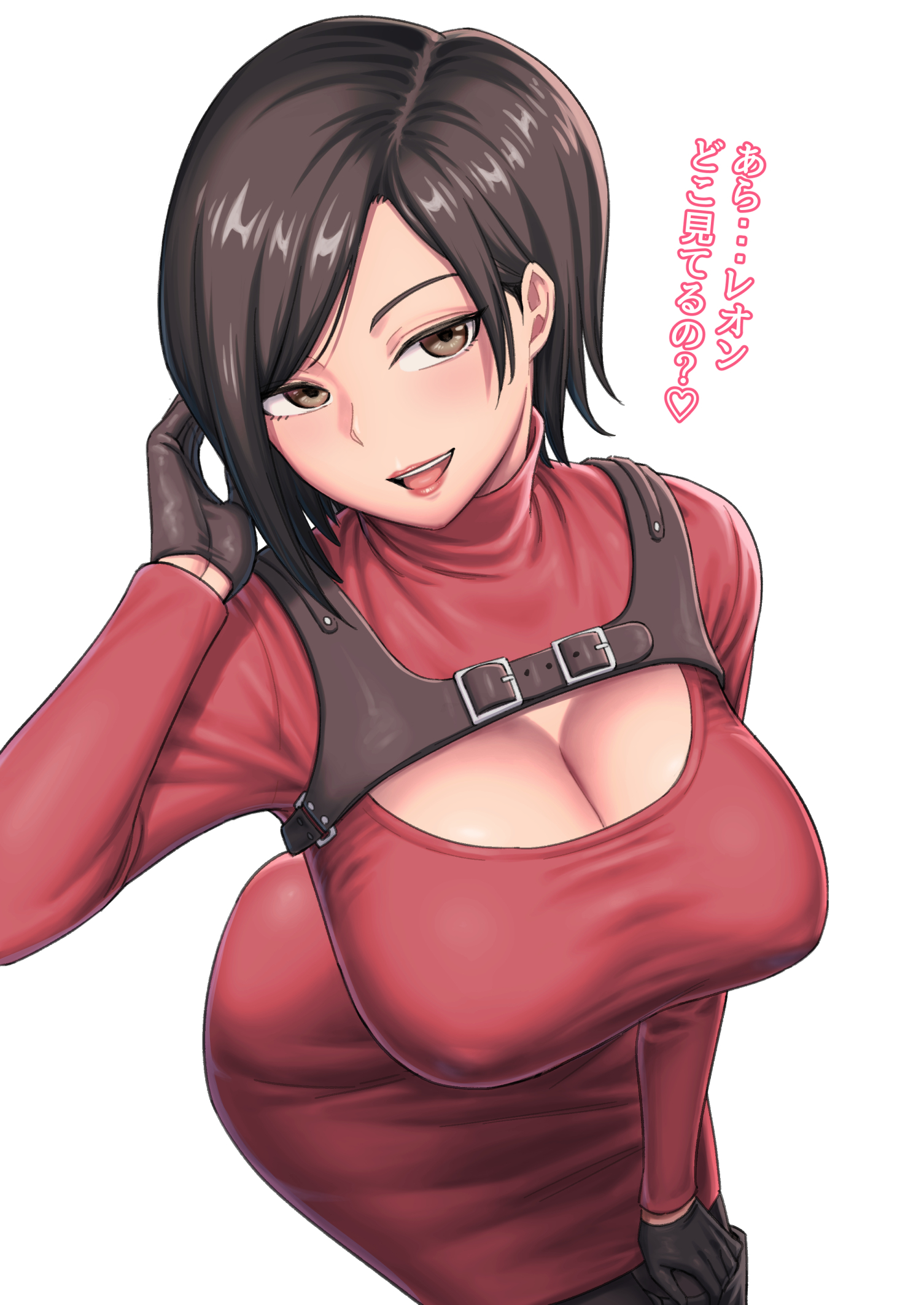 ada wong, black gloves, black hair, breasts, brown eyes, cleavage, female, female only, gloves, guuerosu, heart, highres, large breasts, looking at viewer, open mouth, resident evil, resident evil 4, resident evil 4 remake, short hair, smile, solo, striped