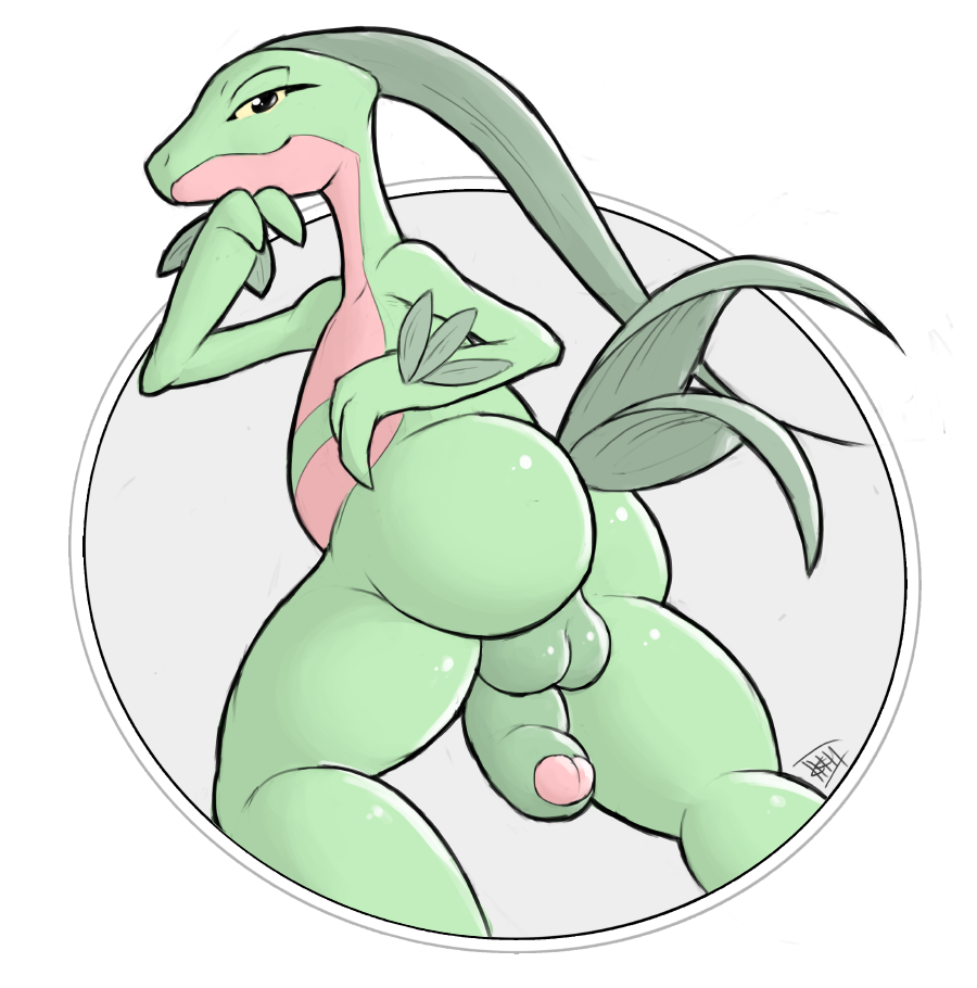 1boy 2016 anthro ass backsack balls big_butt flaccid foreskin green_balls green_penis grovyle humanoid_penis ikiki looking_at_viewer male male_only nintendo nude penis pokemon smile solo uncircumcised uncut video_games