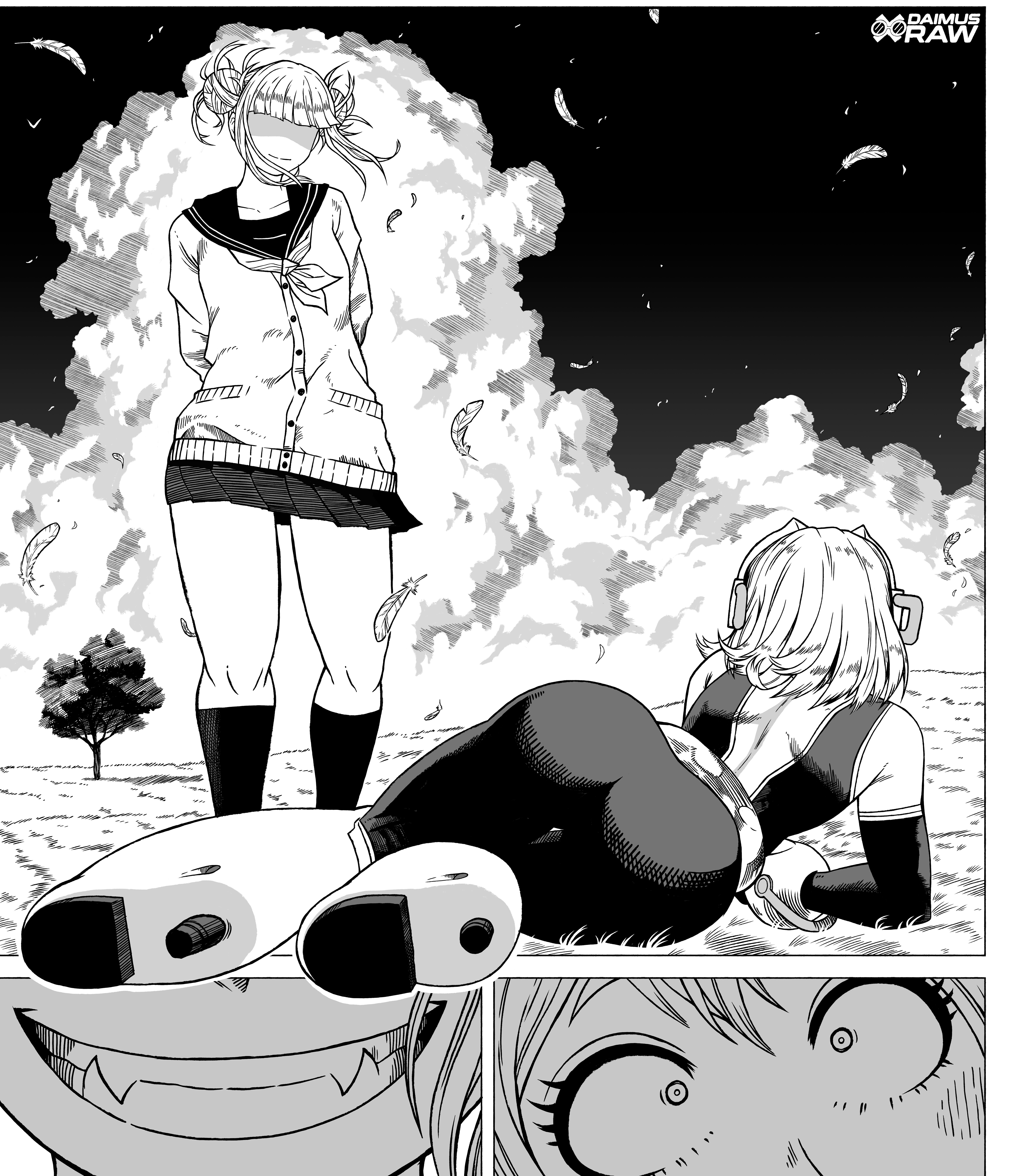 2girls, absurdres, arms behind back, artist name, ass, big ass, blush, bodysuit, boku no hero academia, boots, braid, daimus raw, daimusraw, evil smile, female focus, hair bun, hero outfit (mha), highres, himiko toga, huge ass, lying, miniskirt, monochrome, multicolored bodysuit, multiple girls, my hero academia, my hero academia (finale), ochako uraraka, ochako uraraka (hero outfit), oerba yun fang, on side, post-timeskip, rogue dat ass (meme), sailor collar, scene reference, school uniform, serafuku, short hair, sidelocks, skin tight, skirt, smile, superhero costume, teeth, toga himiko, twin braids, uraraka ochako, uraraka ochako (hero outfit), watermark, you gonna get raped