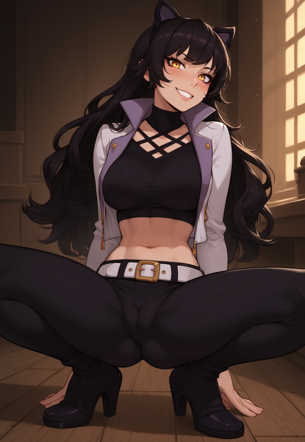 1girls, abs, ai generated, ass, belt, big ass, big breasts, big butt, big hips, black hair, blake belladonna, breasts, cat ears, cat girl, cat tail, cleavage, clothes, clothing, crop top, eyebrows, eyelashes, female, female only, grin, grinning, grinning at viewer, hair, hands-free, indoors, jacket, lips, long hair, looking at viewer, makeup, midriff, narrow waist, narrowed eyes, navel, nose, pants, pussy, pussy juice, rwby, seducing, seductive, seductive eyes, seductive gaze, seductive look, seductive mouth, seductive pose, seductive smile, smile, smile at viewer, smiley face, smooth skin, solo, solo focus, vagina, velonix, yellow eyes