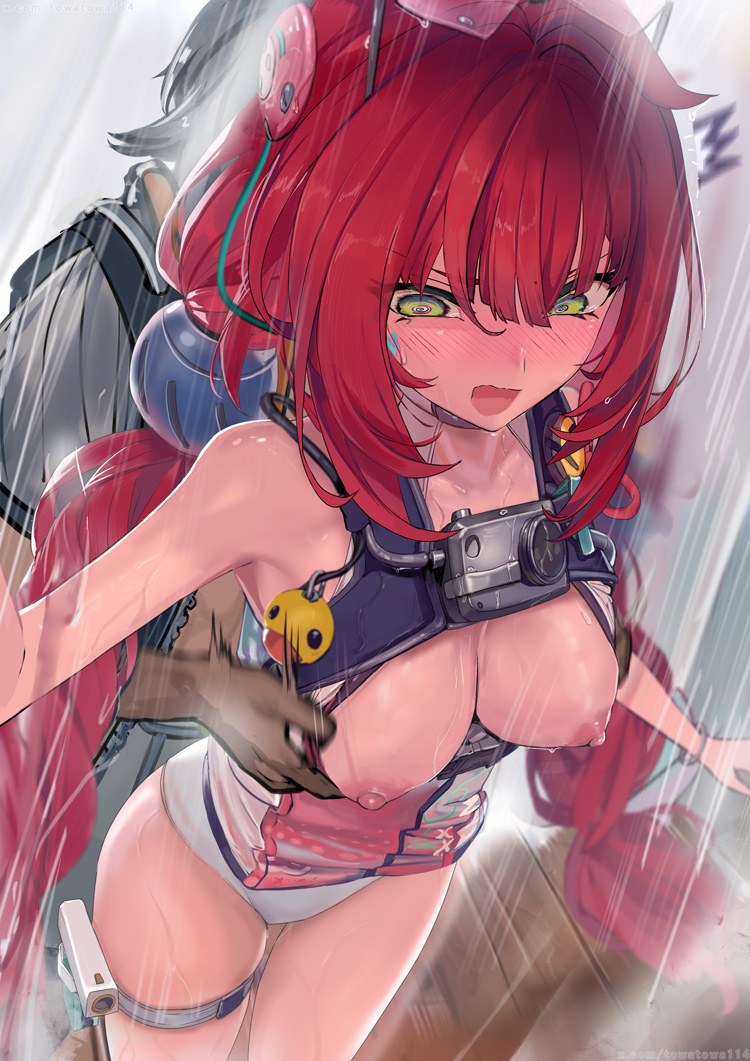 ^^^, 1boy, braid, breasts, cleavage, closed mouth, female, green eyes, hair ornament, long hair, medium breasts, nipples, official alternate costume, open mouth, red hair, solo focus, sphere hair ornament, standing, swimsuit, towatowa114, twin braids, ukinami yuzuha, ukinami yuzuha (tanuki in broad daylight), wet, wet clothes, wet swimsuit, wise (peaceful waves) (zenless zone zero), wise (zenless zone zero), zenless zone zero